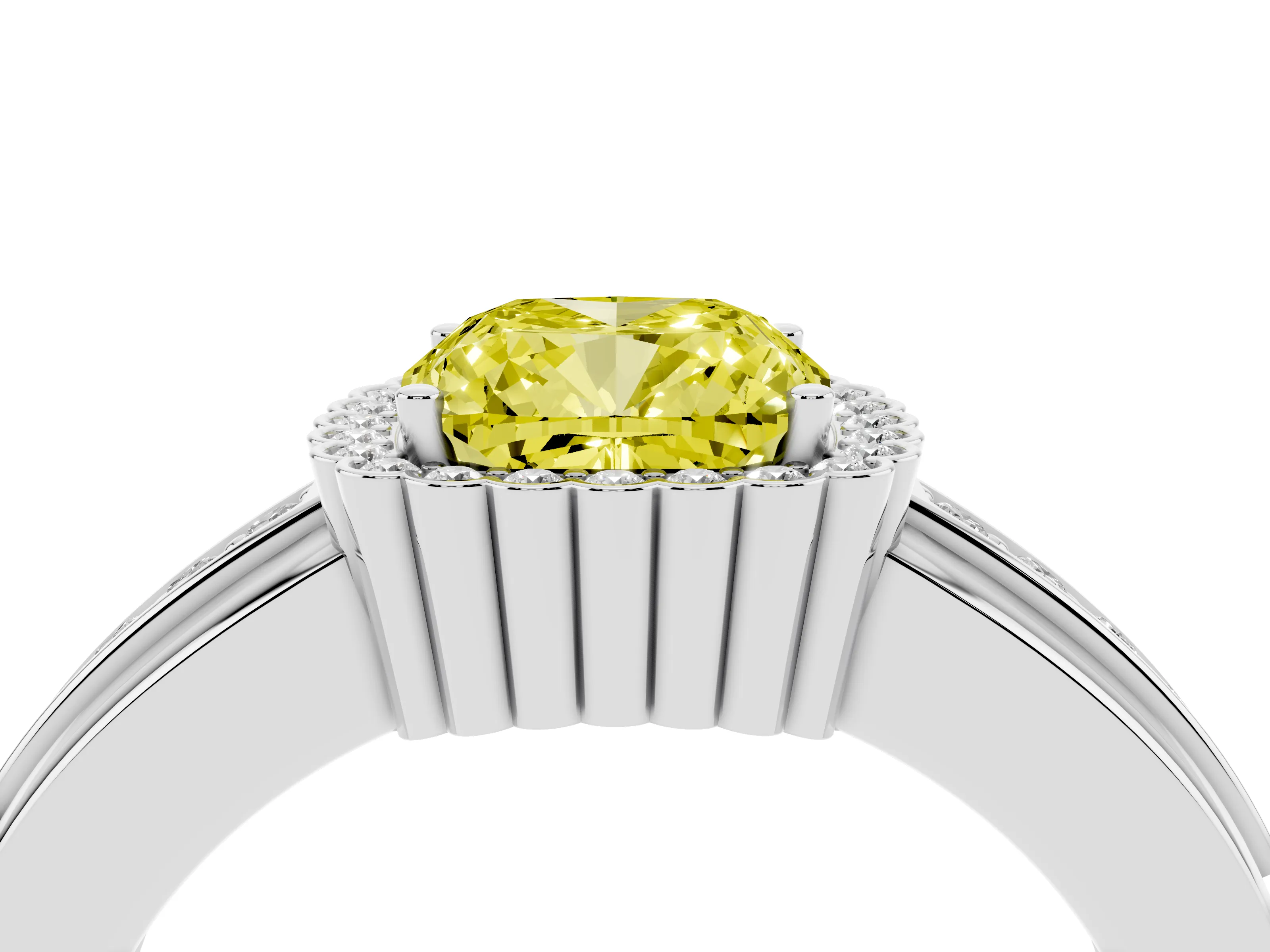 Fancy Yellow Cushion Cut Diamond Halo Prong Ring Set in White gold with Pavé Band