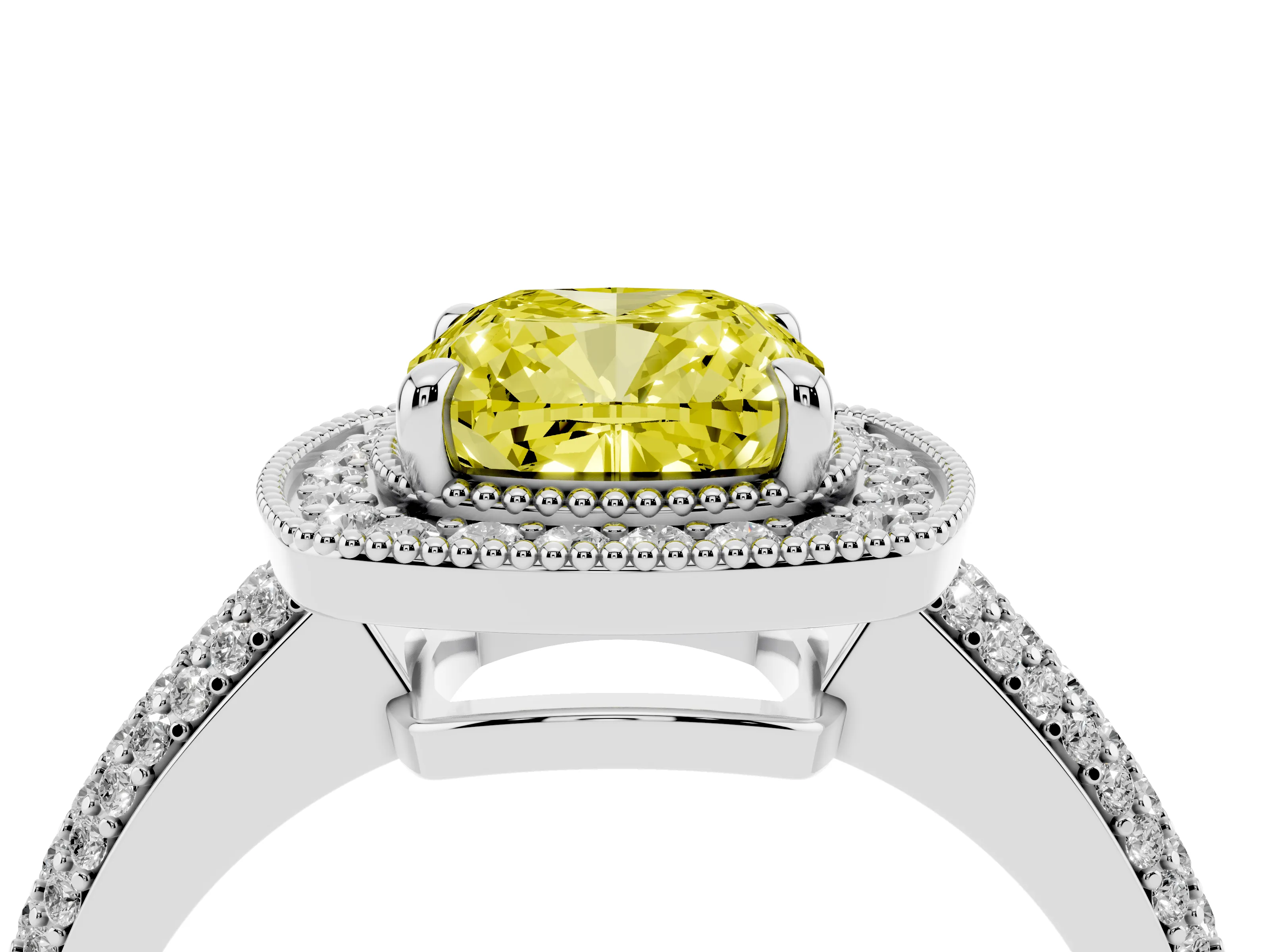 Fancy Yellow Cushion Cut Diamond Halo Pavé Band Set in Platinum with Prong Setting