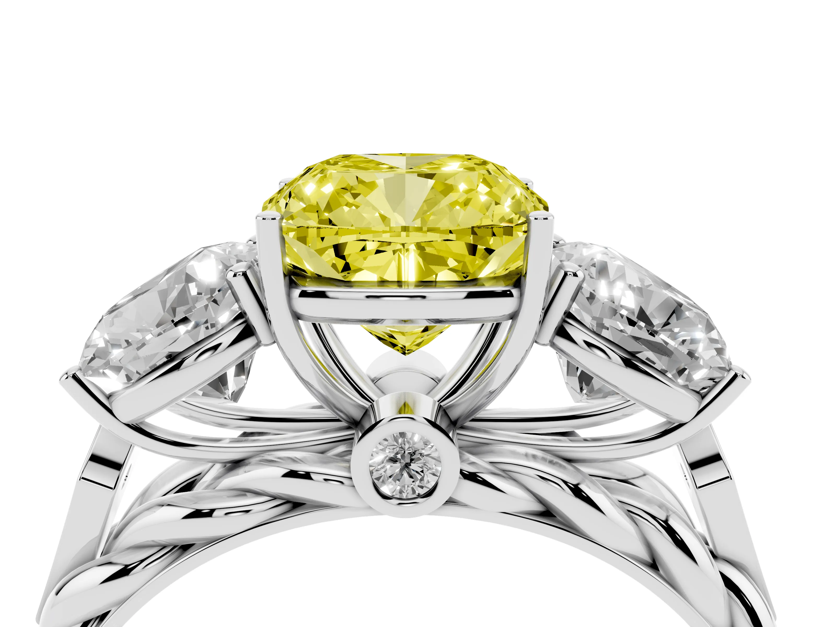 Fancy Yellow Cushion Cut Diamond Three-Stone Ring Set in Platinum with Braided Band