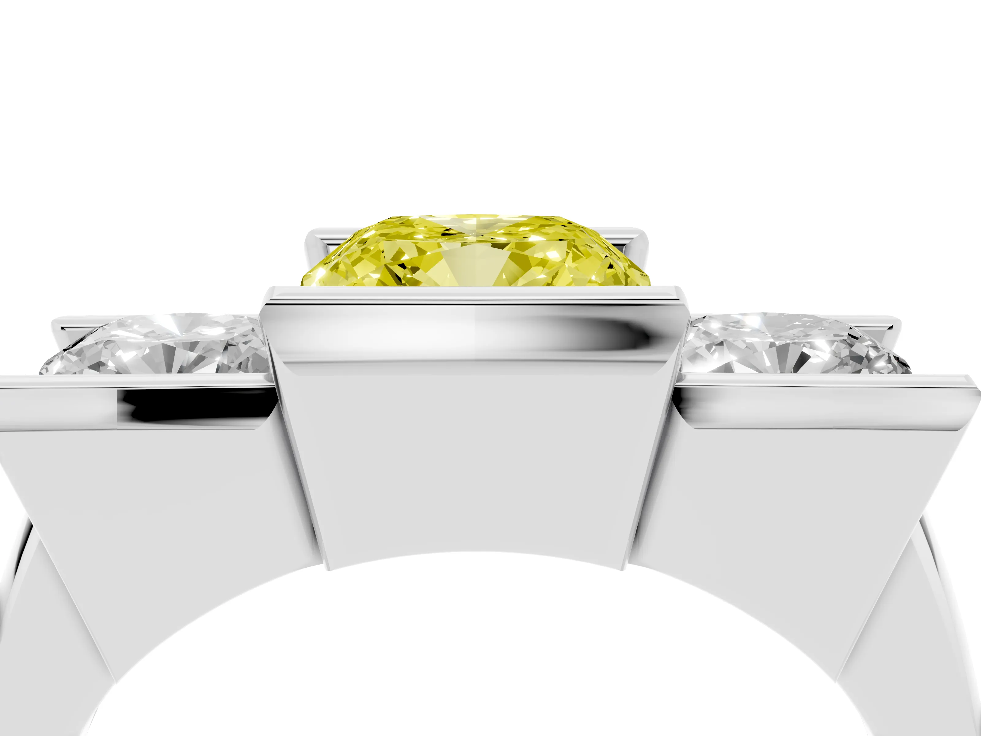 Fancy Yellow Cushion Cut Diamond Three-Stone Channel Set Ring Set in Platinum with Smooth Polished Band