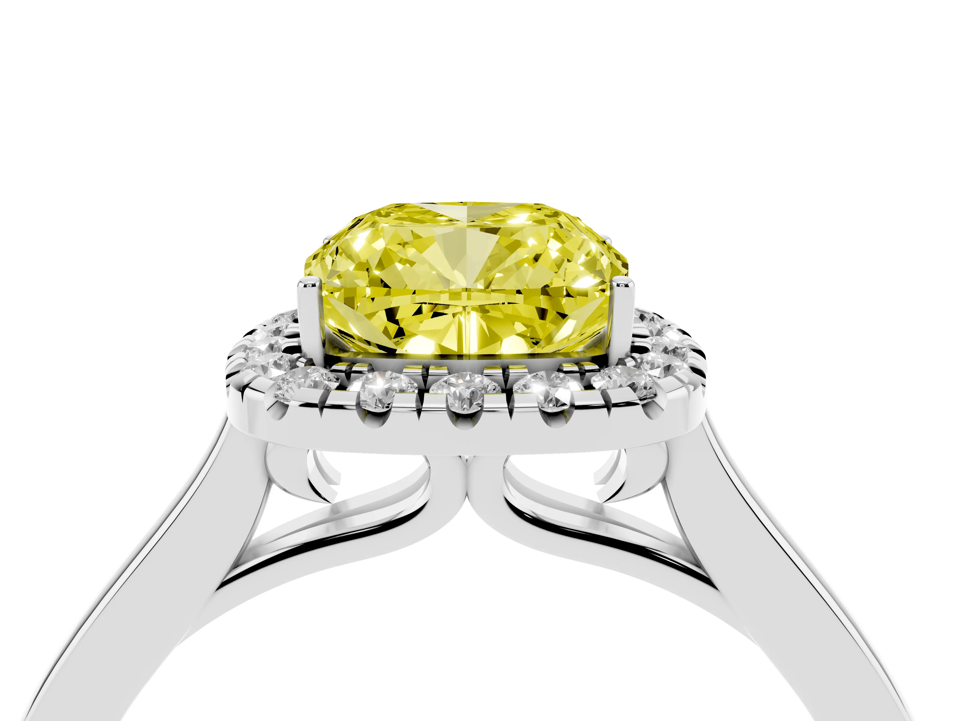 Fancy Yellow Cushion Cut Halo Round Diamond Solitaire Ring Set in White gold with Pavé Band and Prong Setting