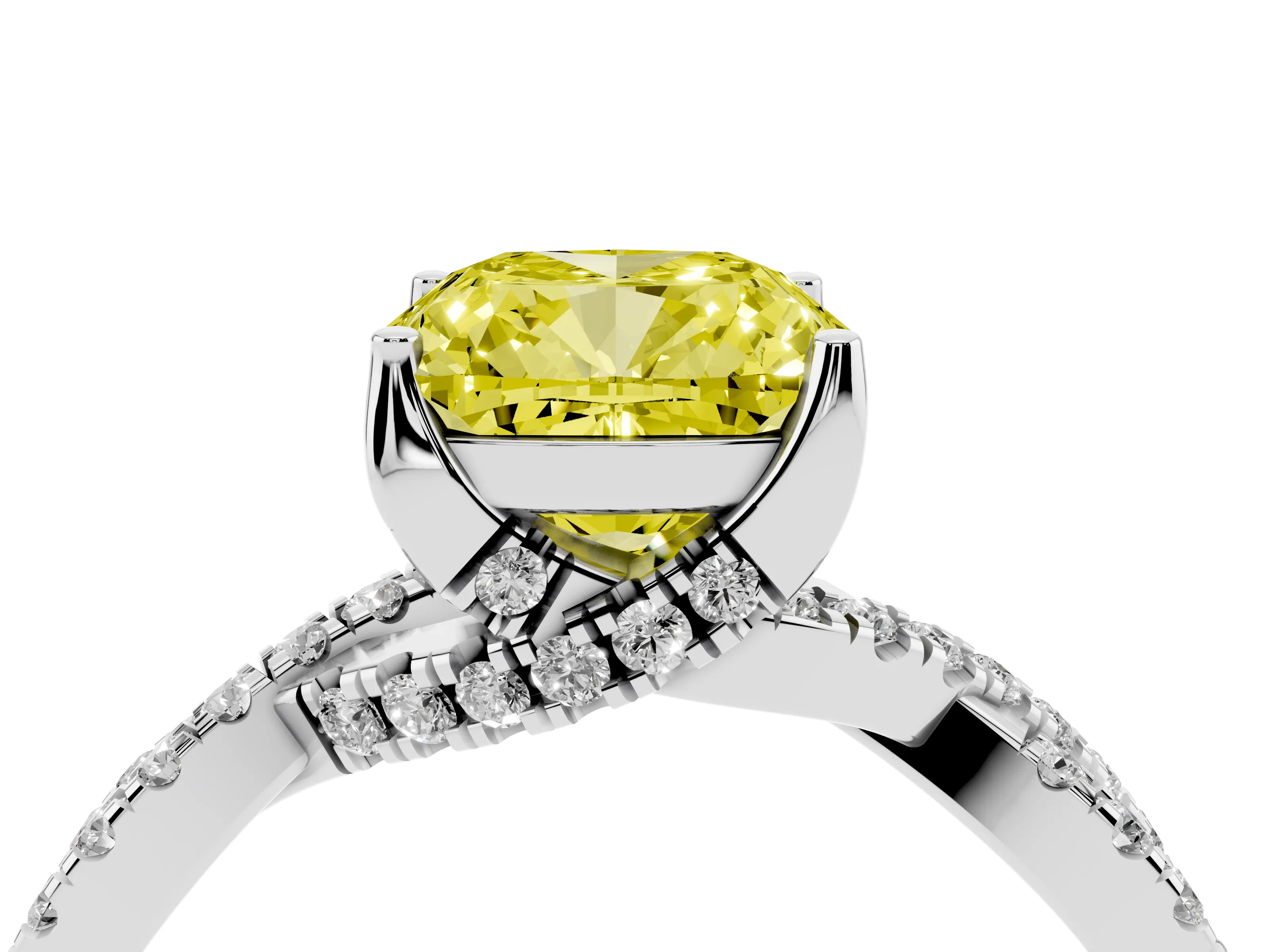 Fancy Yellow Cushion Cut Diamond Twist Pavé Solitaire Engagement Ring Set in White gold with Prong Setting
