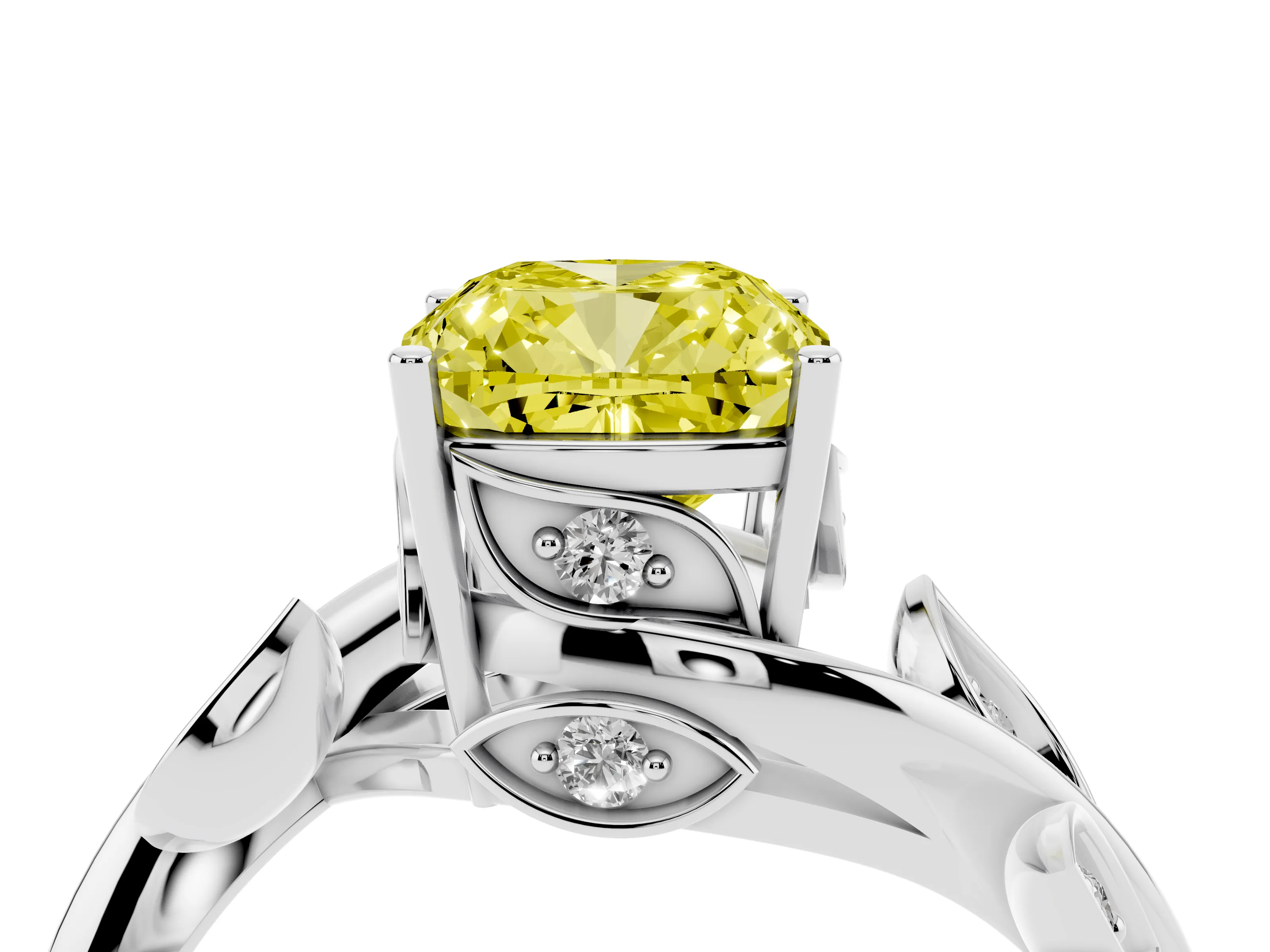 Fancy Yellow Cushion Cut Diamond Solitaire Twist Engagement Ring Set in Platinum with Pavé Leaf Accents