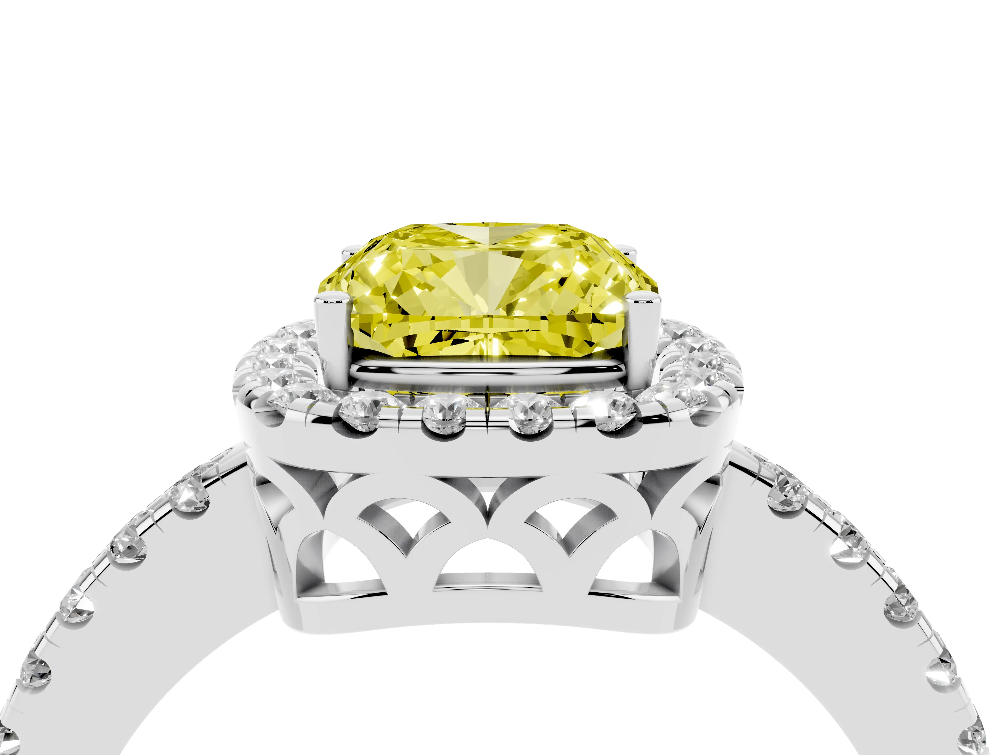 Fancy Yellow Cushion Cut Diamond Pavé Band Halo Engagement Ring Set in White gold with Prong Setting