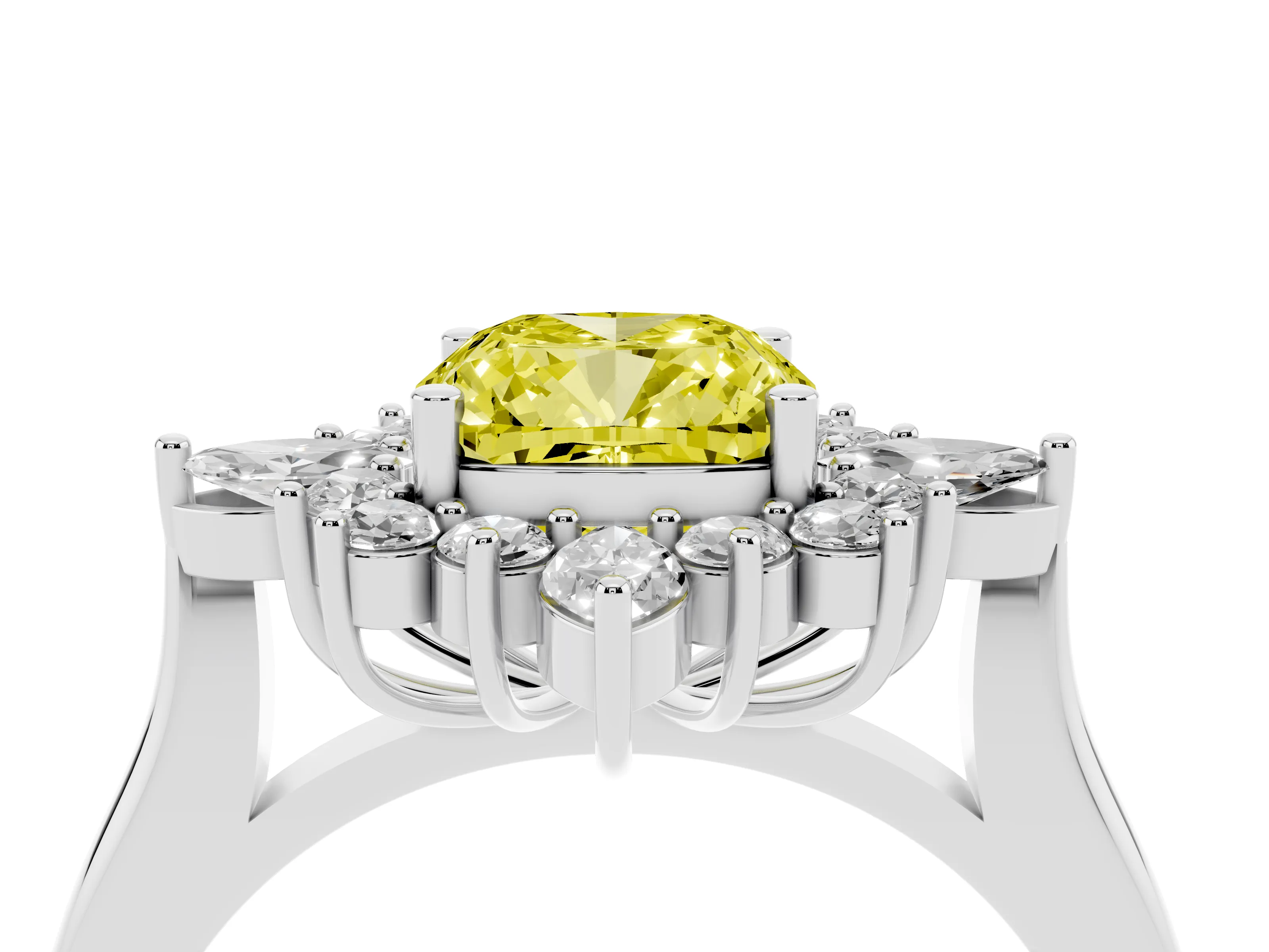 Fancy Yellow Cushion Cut Diamond Cluster Halo Ring Set in Silver with Marquise and Round Accents