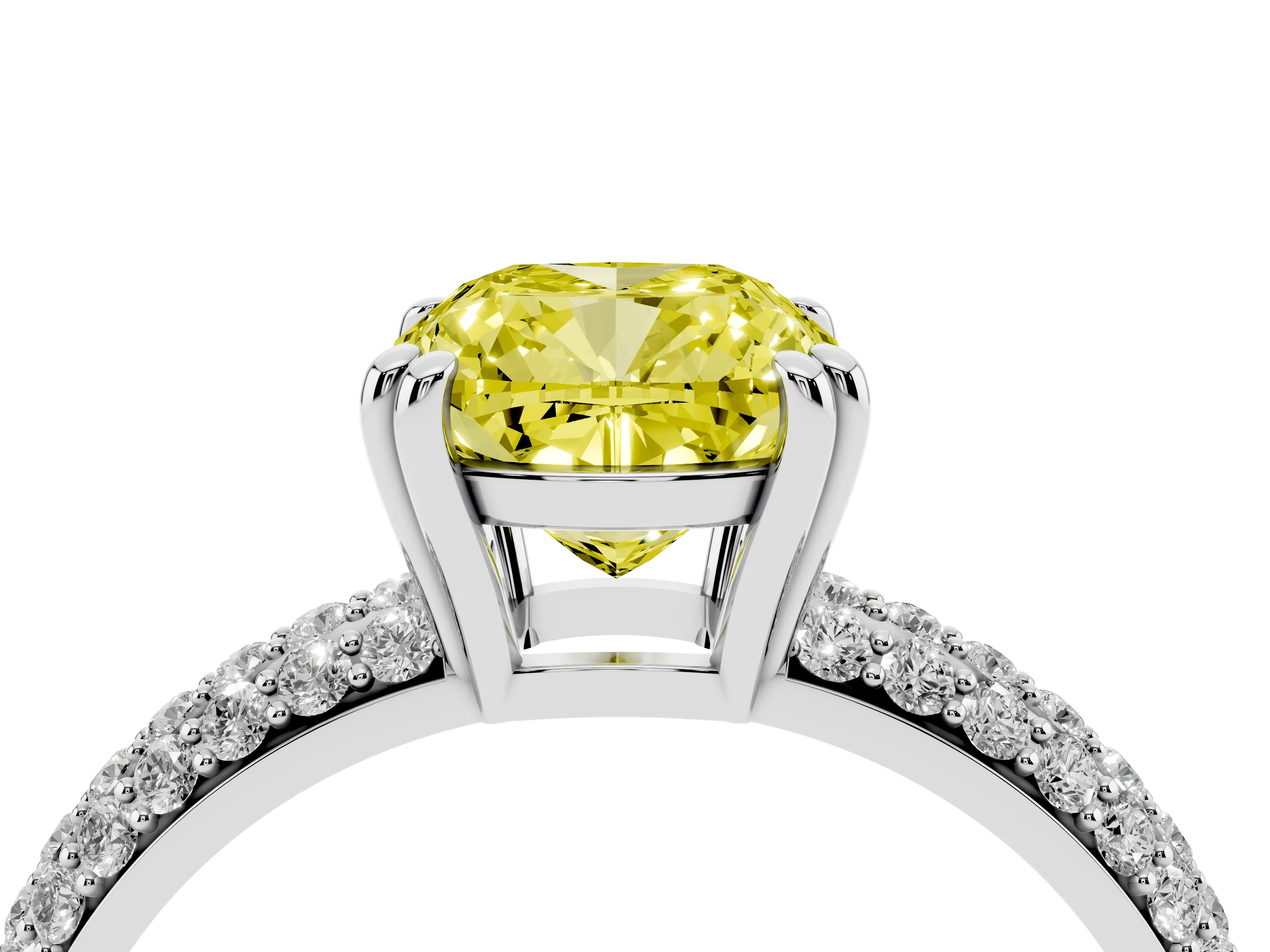 Fancy Yellow Cushion Cut Diamond Solitaire Ring Set in Platinum with Multi-Row Round Pavé Band and Prong Setting