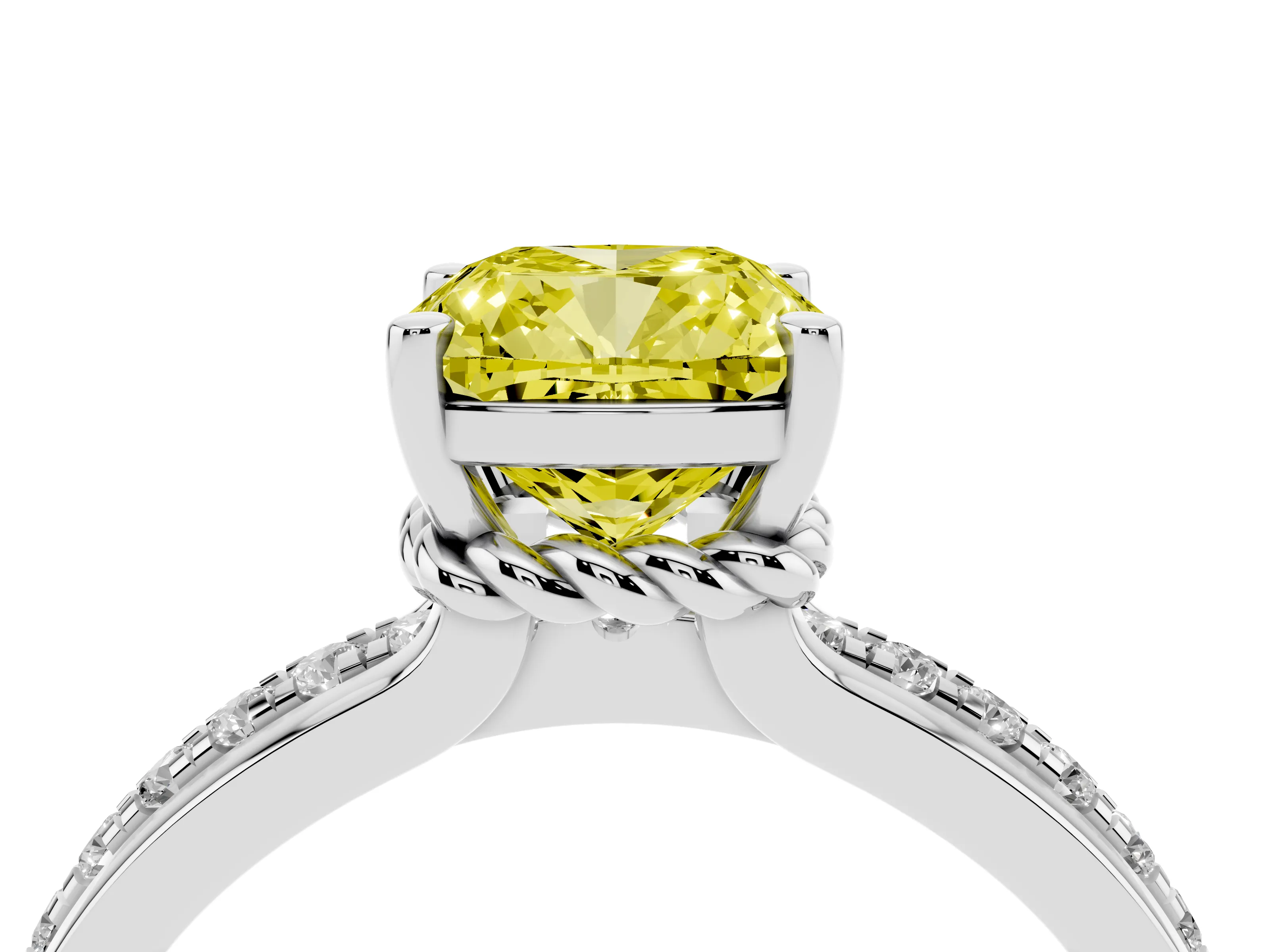Fancy Yellow Cushion Cut Diamond Solitaire Ring Set in Silver with Channel Set Band and Prong Setting