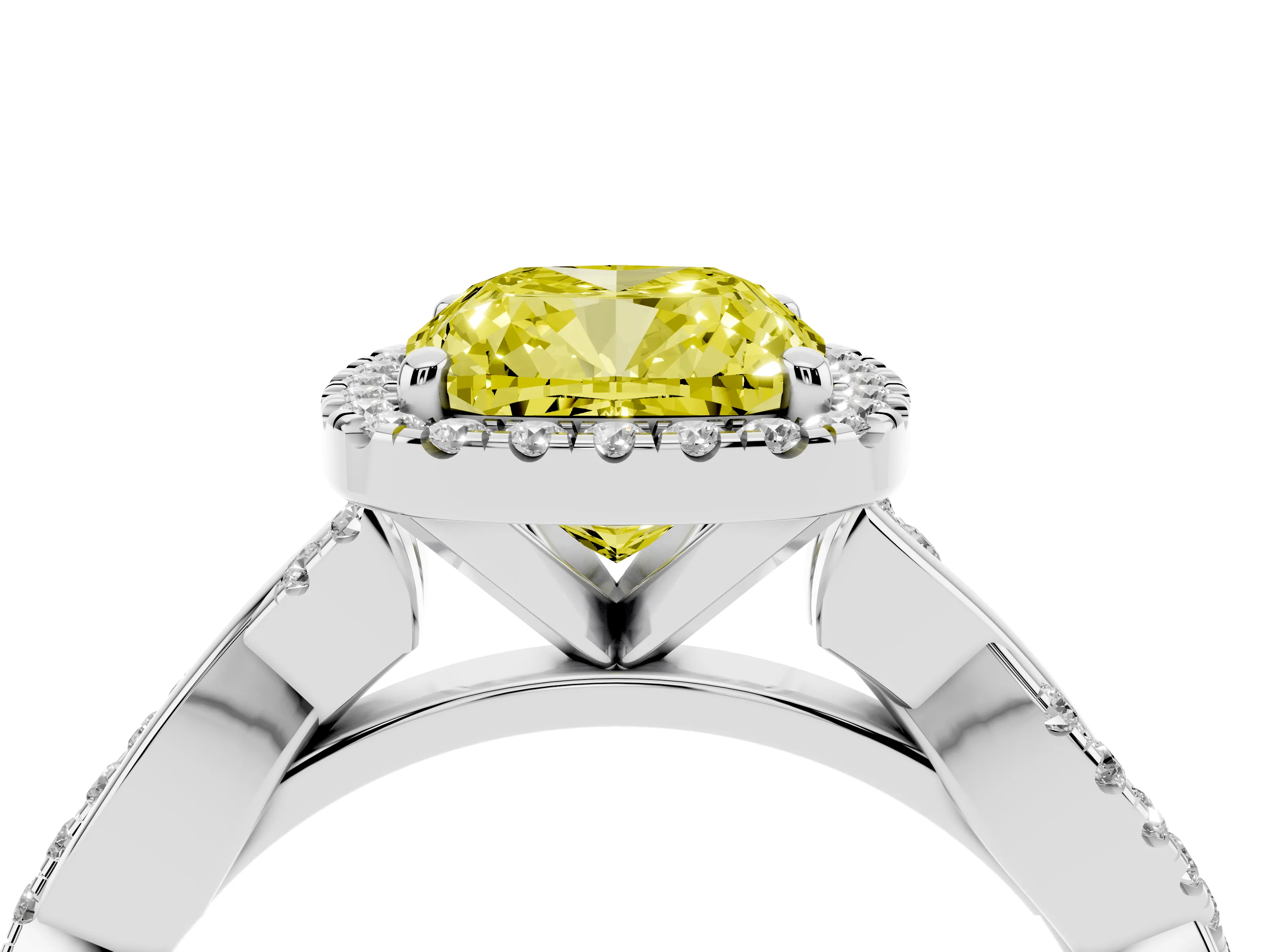 Fancy Yellow Cushion Cut Diamond Halo Twisted Band Ring Set in Silver with Prong Setting