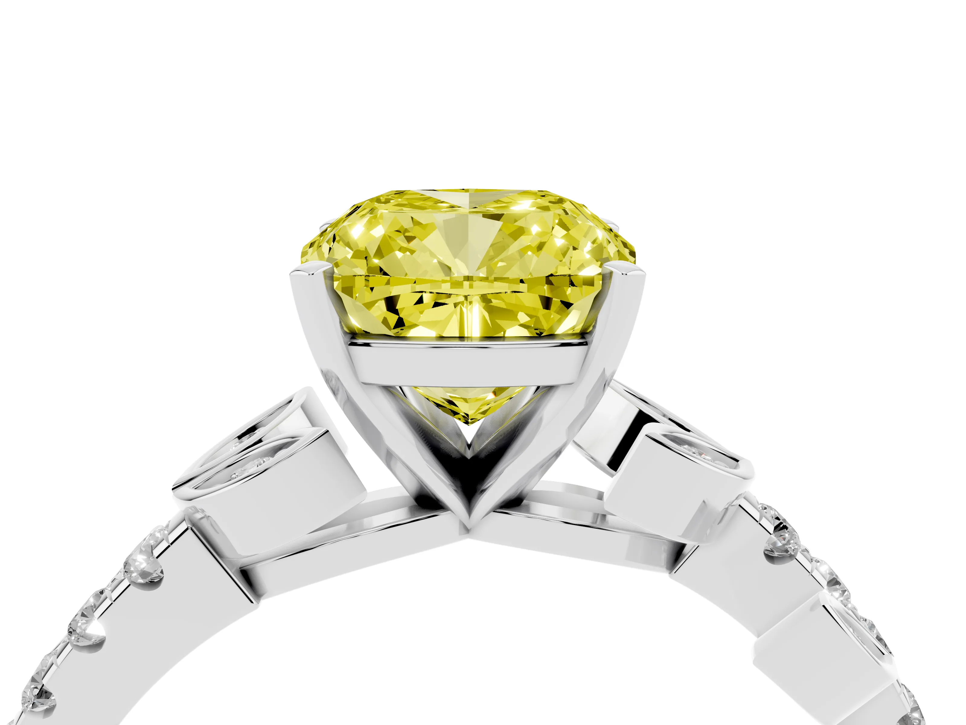 Fancy Yellow Cushion Cut Diamond Solitaire Leaf-Inspired Ring Set in Platinum with Pavé Band and Prong Setting