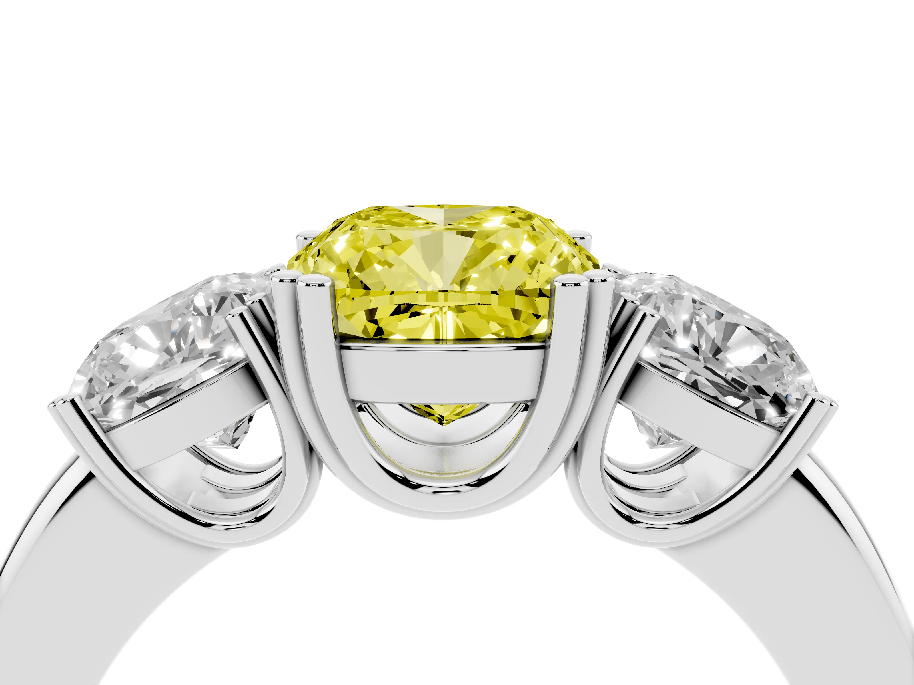 Fancy Yellow Cushion Cut Diamond Three-Stone Ring Set in Platinum with Polished Band and Prong Setting