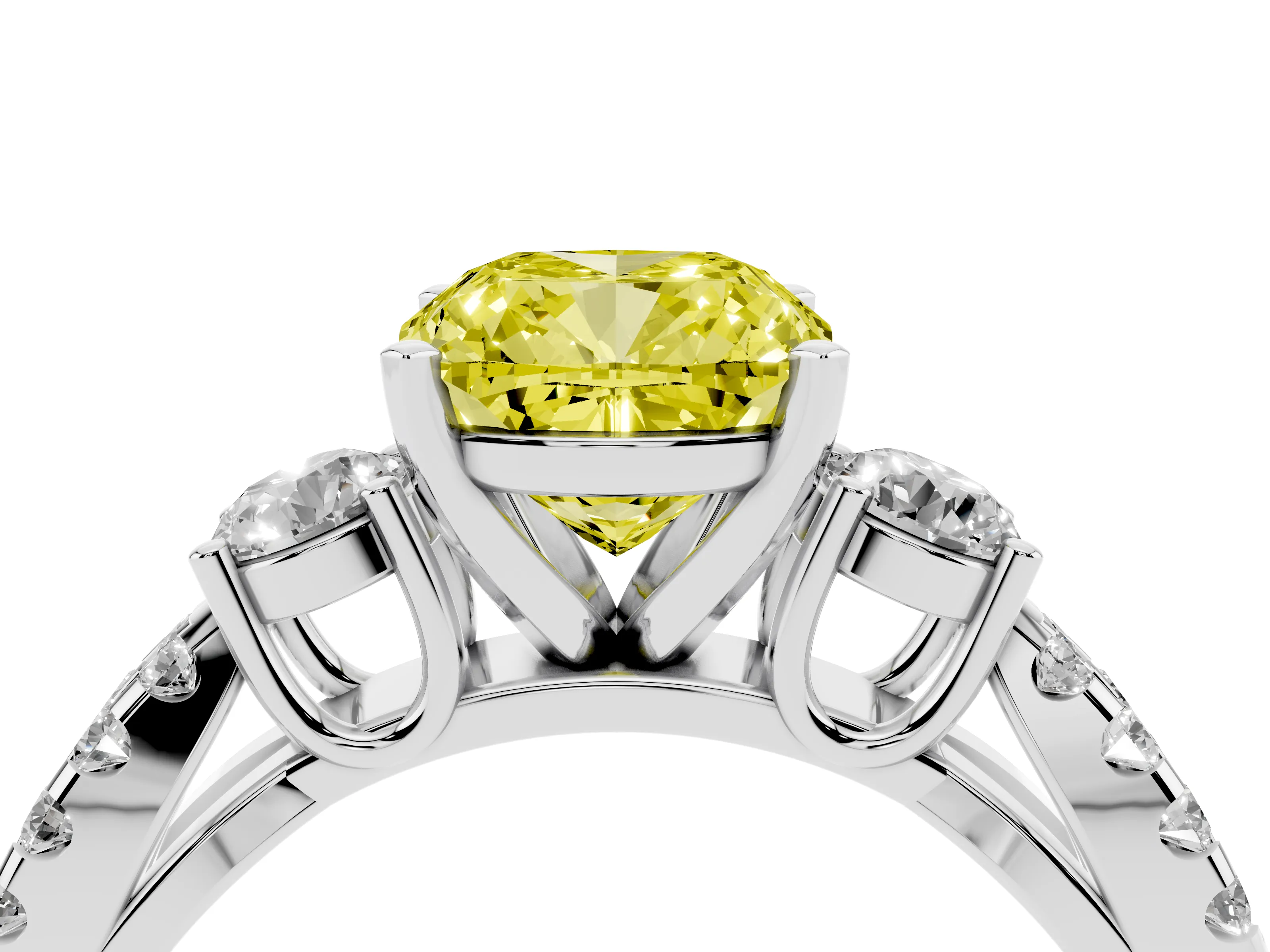 Fancy Yellow Cushion Cut Diamond Three-Stone Ring Set in White gold with Pavé Split Shank and Prong Setting