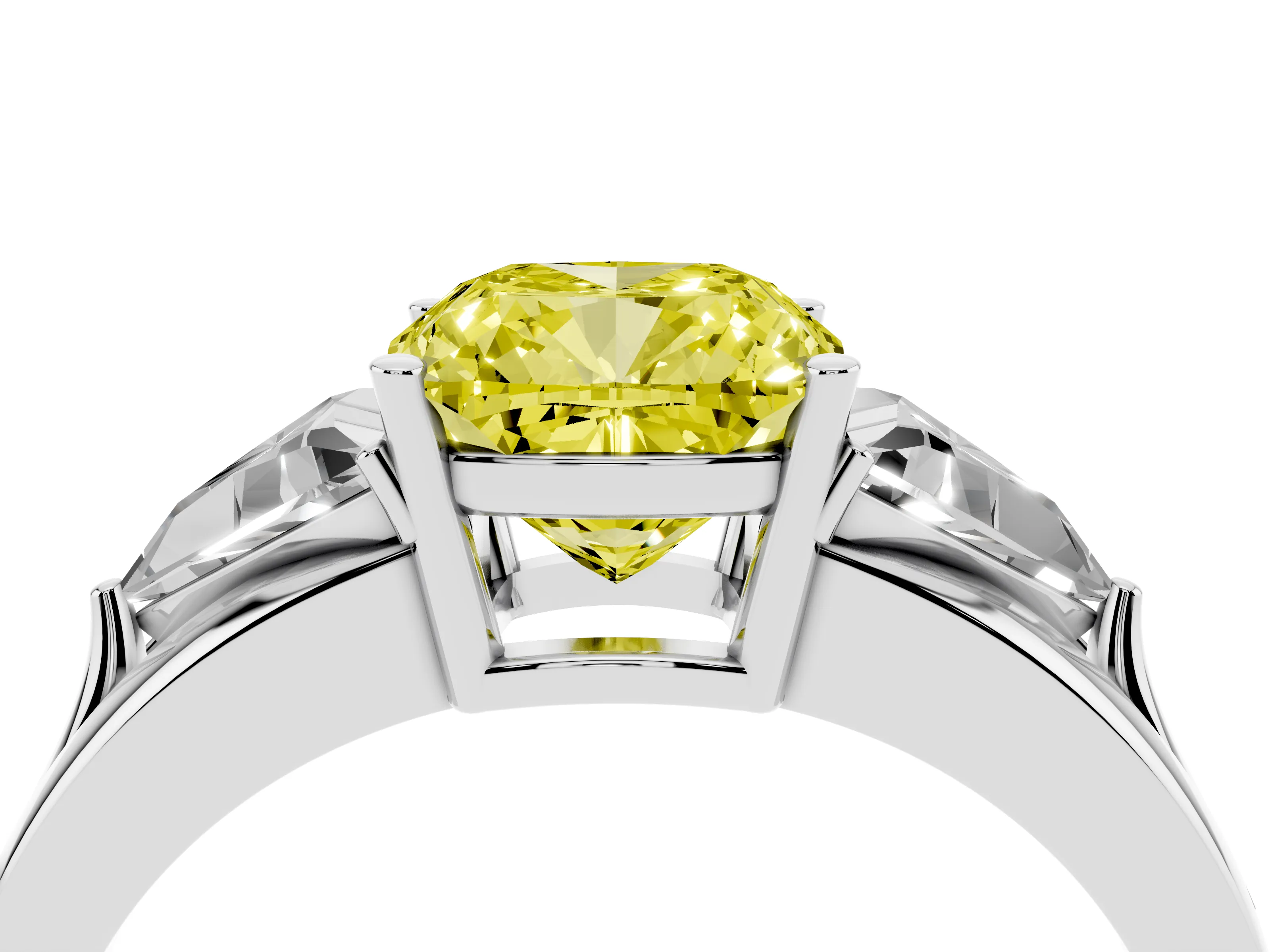 Fancy Yellow Cushion Cut Diamond Three-Stone Ring Set in White gold with Trillion Side Stones and Split Shank