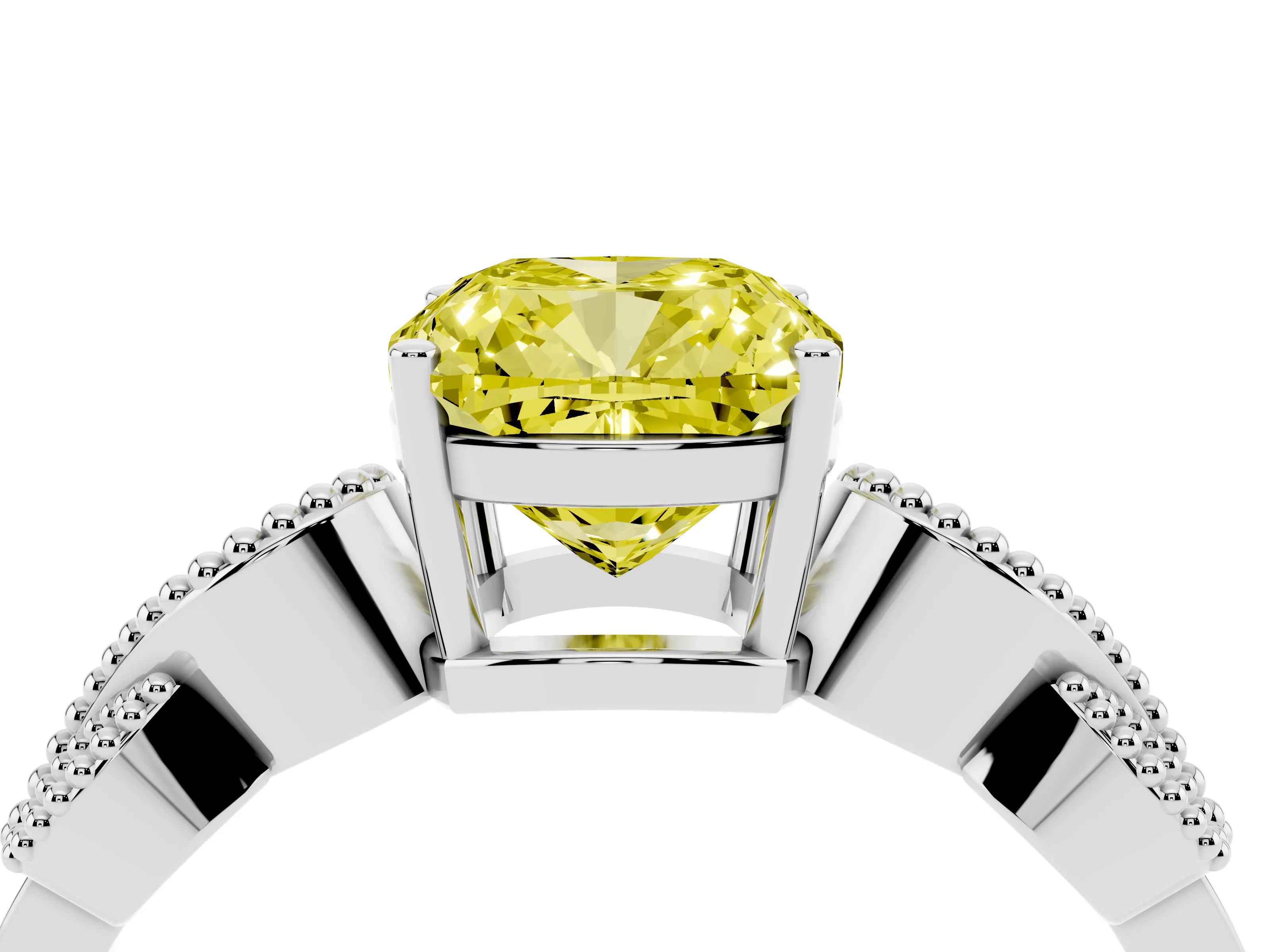 Fancy Yellow Cushion Cut Diamond Milgrain Leaf Band Solitaire Ring Set in Platinum with Accent Stones and Prong Setting