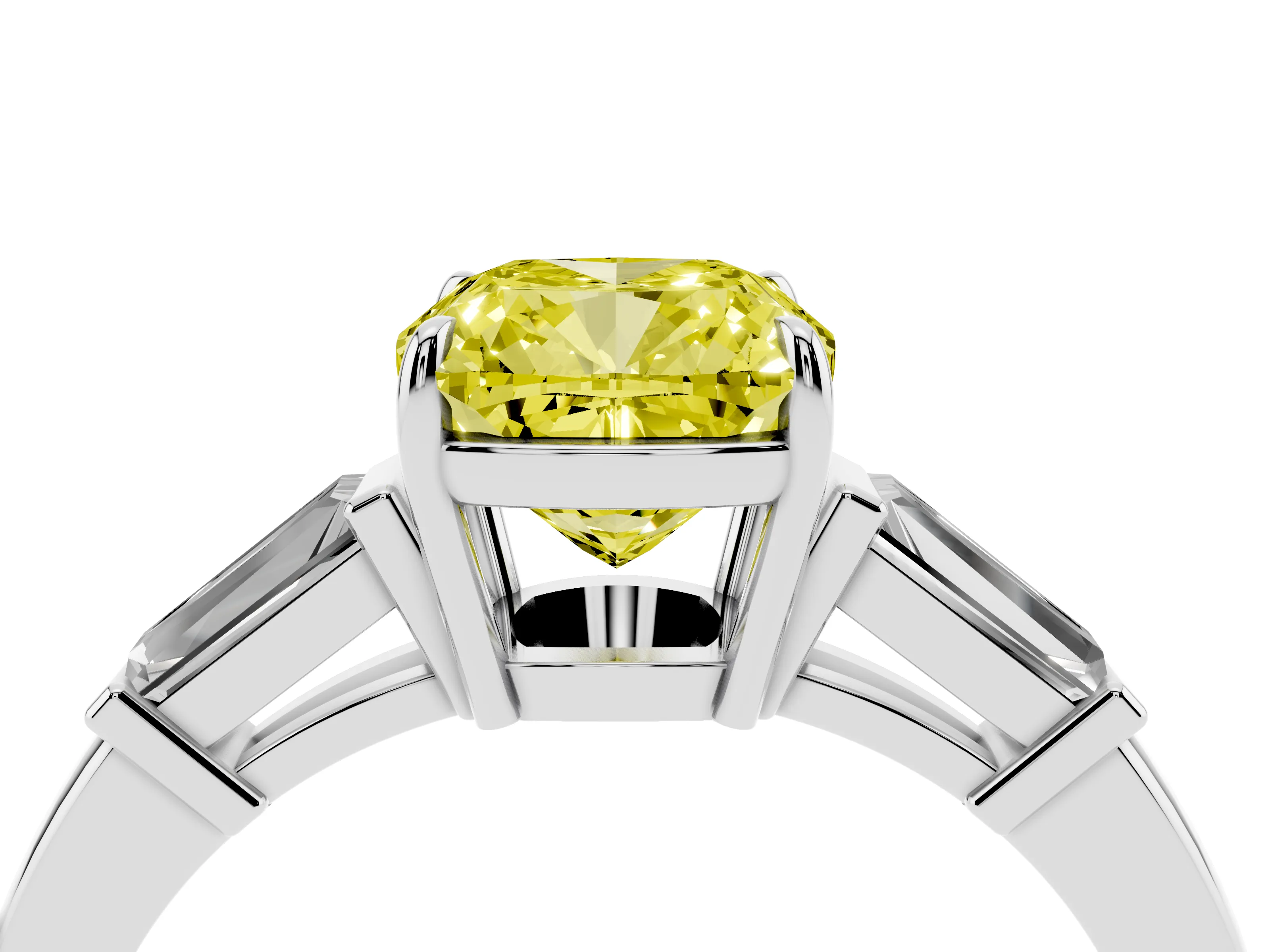 Fancy Yellow Cushion Cut Diamond Three-Stone Ring Set in Platinum with Tapered Baguette Side Stones and Prong Setting