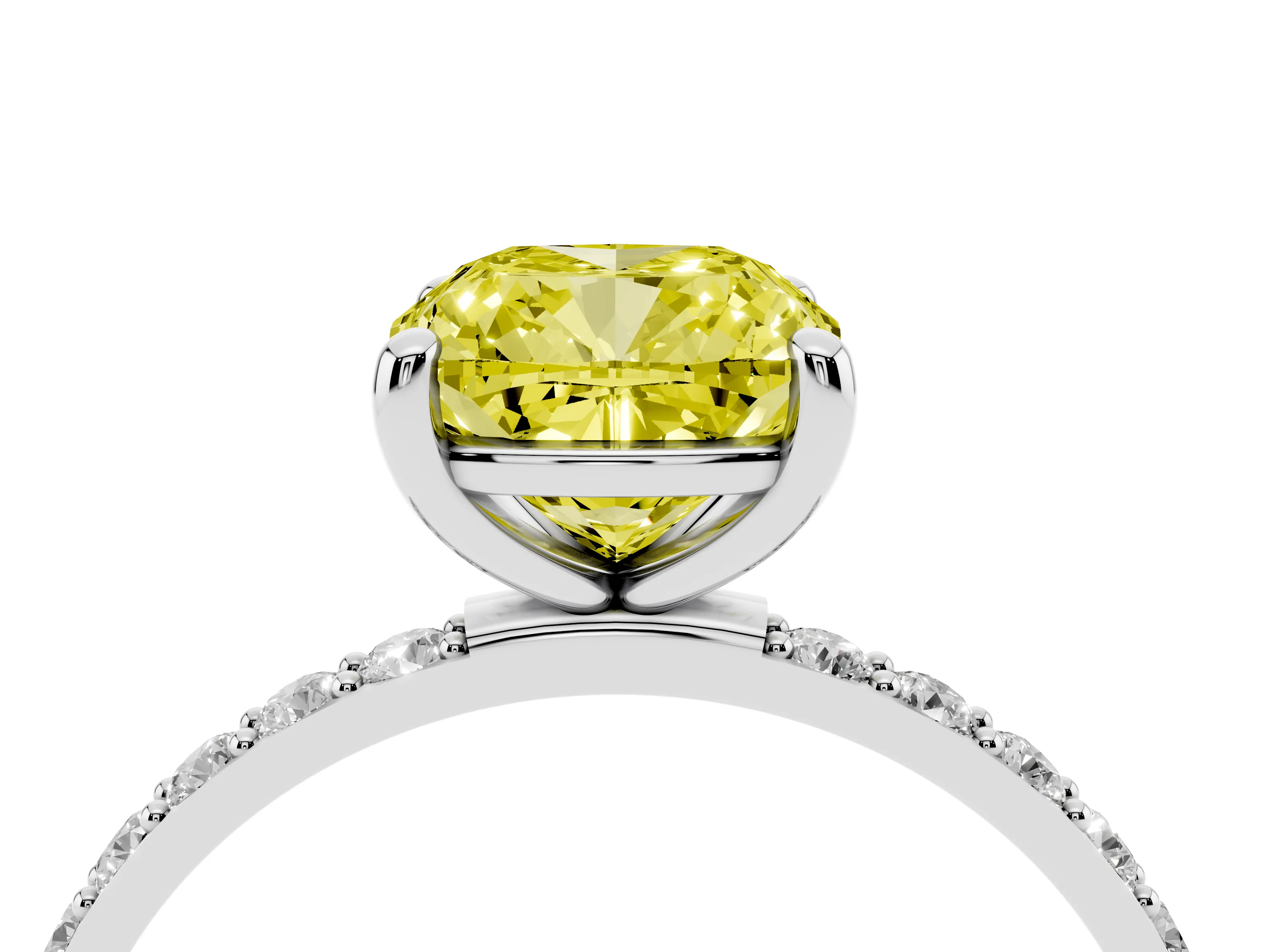 Fancy Yellow Cushion Cut Diamond Solitaire Ring Set in Silver with Round Pavé Band and Prong Setting