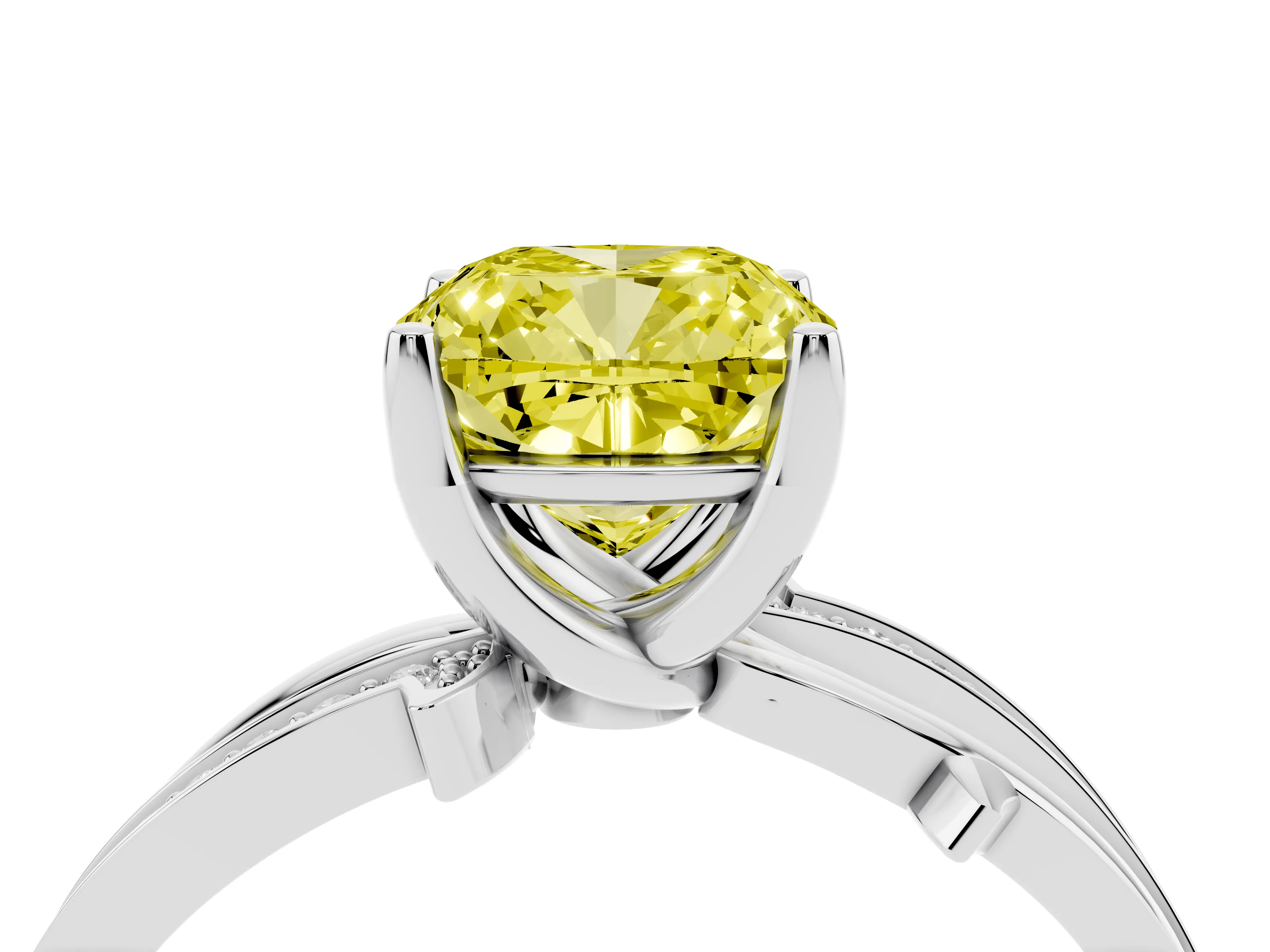 Fancy Yellow Cushion Cut Diamond Pavé Twist Band Solitaire Ring Set in Silver with Prong Setting