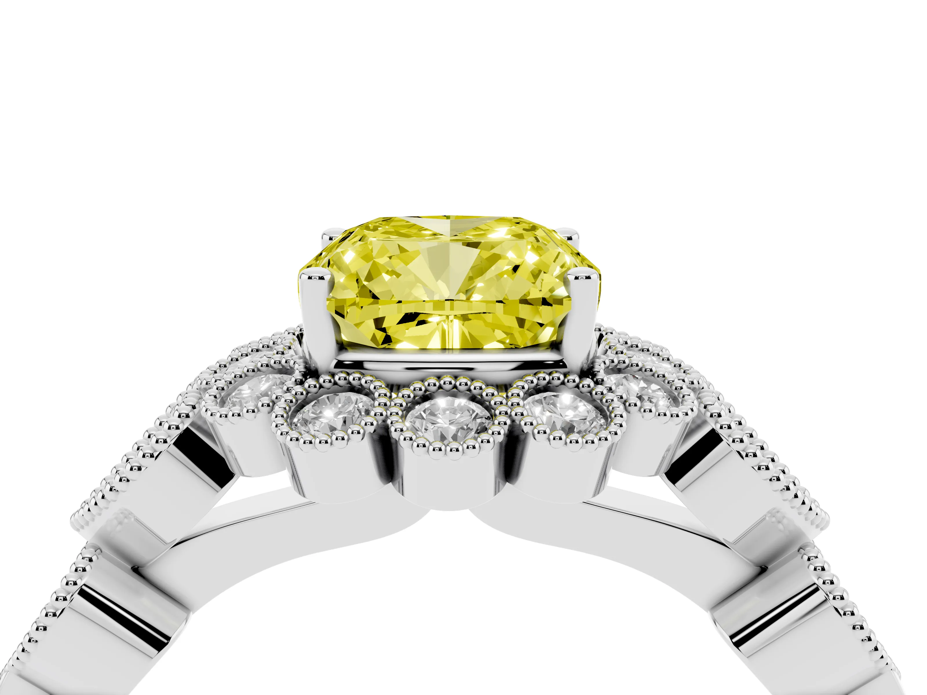 Fancy Yellow Cushion Cut Diamond Solitaire Ring Set in Platinum with Milgrain Pavé Heart Band
