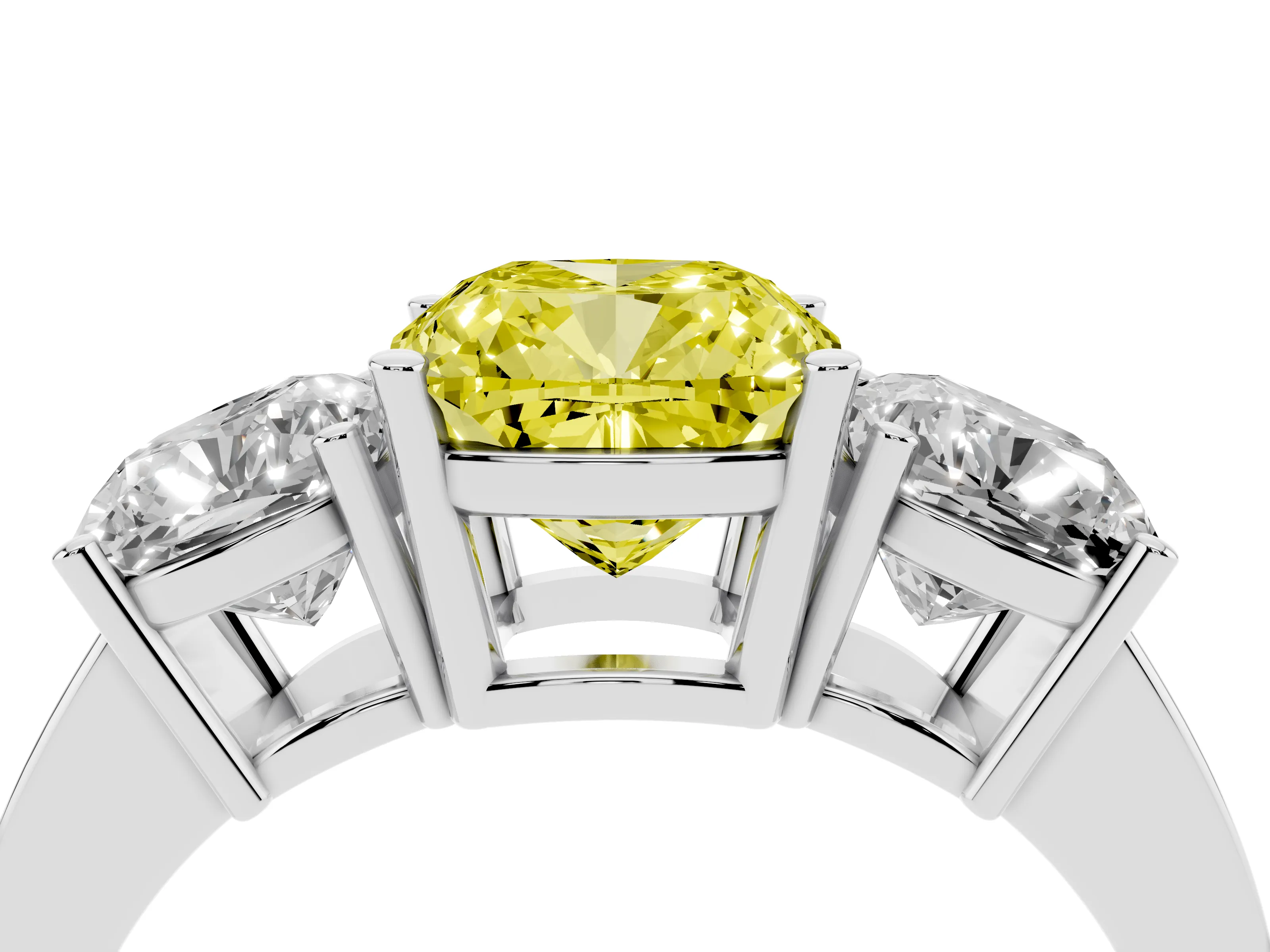 Fancy Yellow Cushion Cut Diamond Three-Stone Engagement Ring Set in Platinum with Flat Band