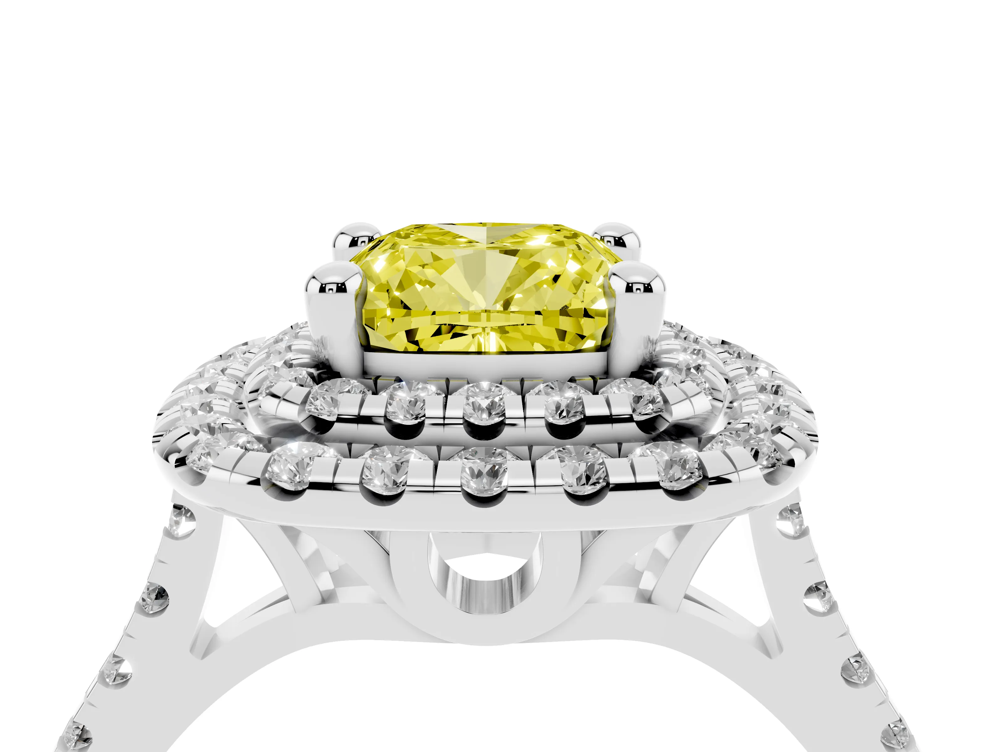 Fancy Yellow Cushion Cut Diamond Double Halo Statement Ring Set in Platinum with Pavé Band