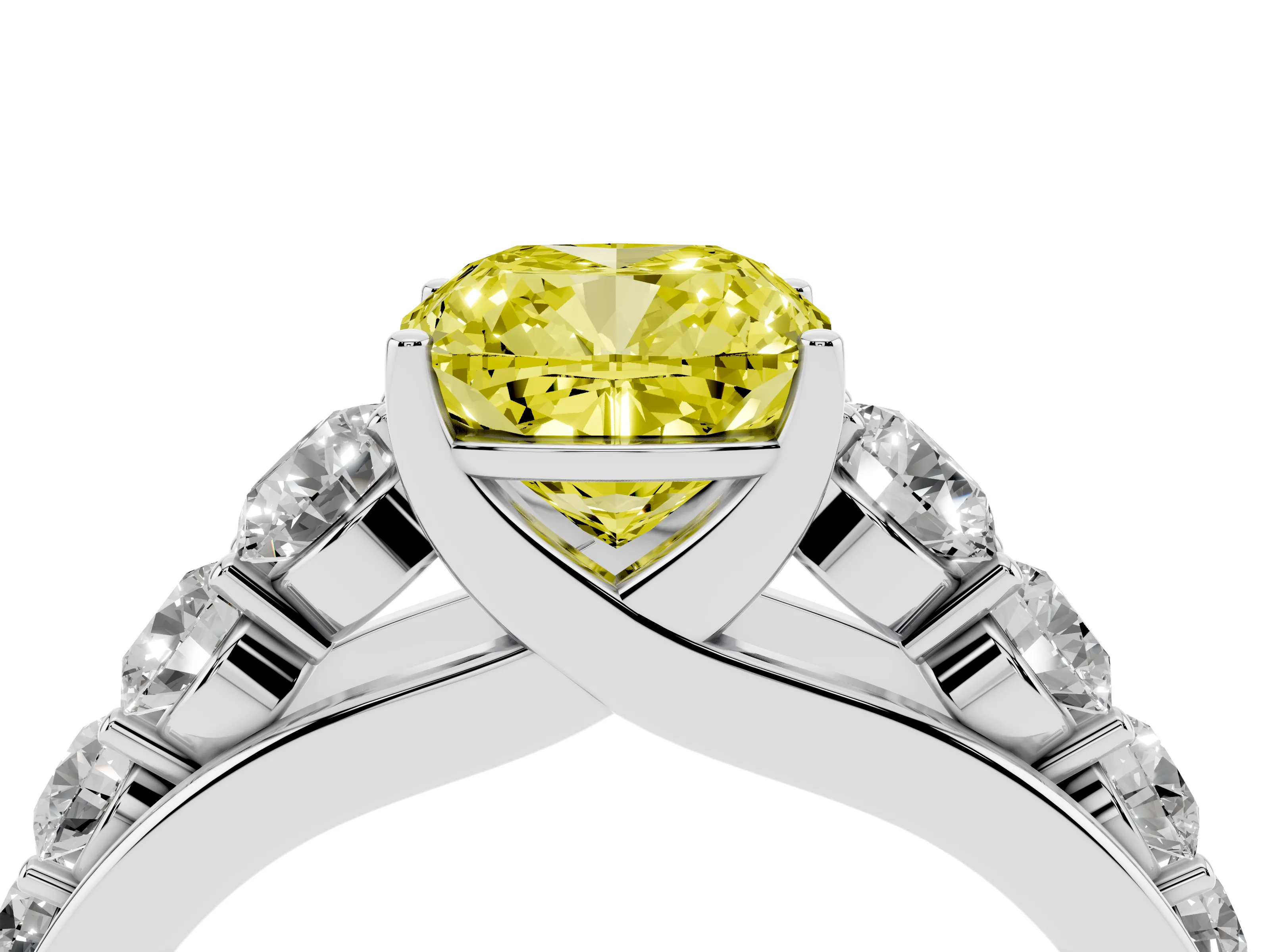 Fancy Yellow Cushion Cut Diamond Solitaire Ring Set in Silver with Pavé-Set Band and Prong Setting
