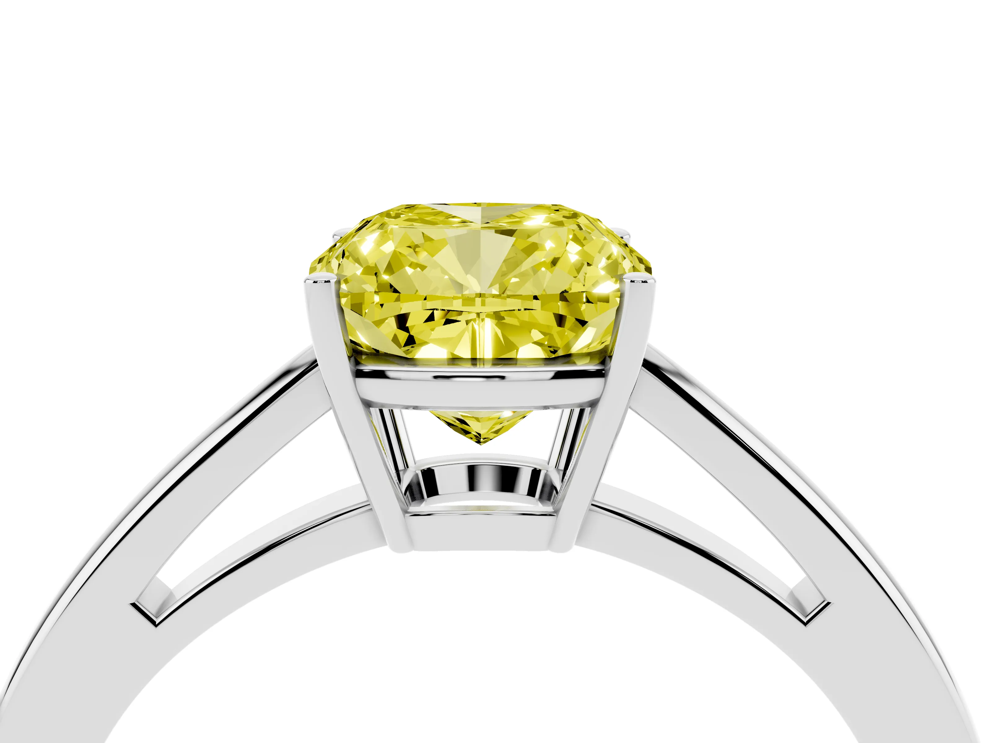 Fancy Yellow Cushion Cut Diamond Solitaire Ring Set in Silver with Split Shank and Prong Setting