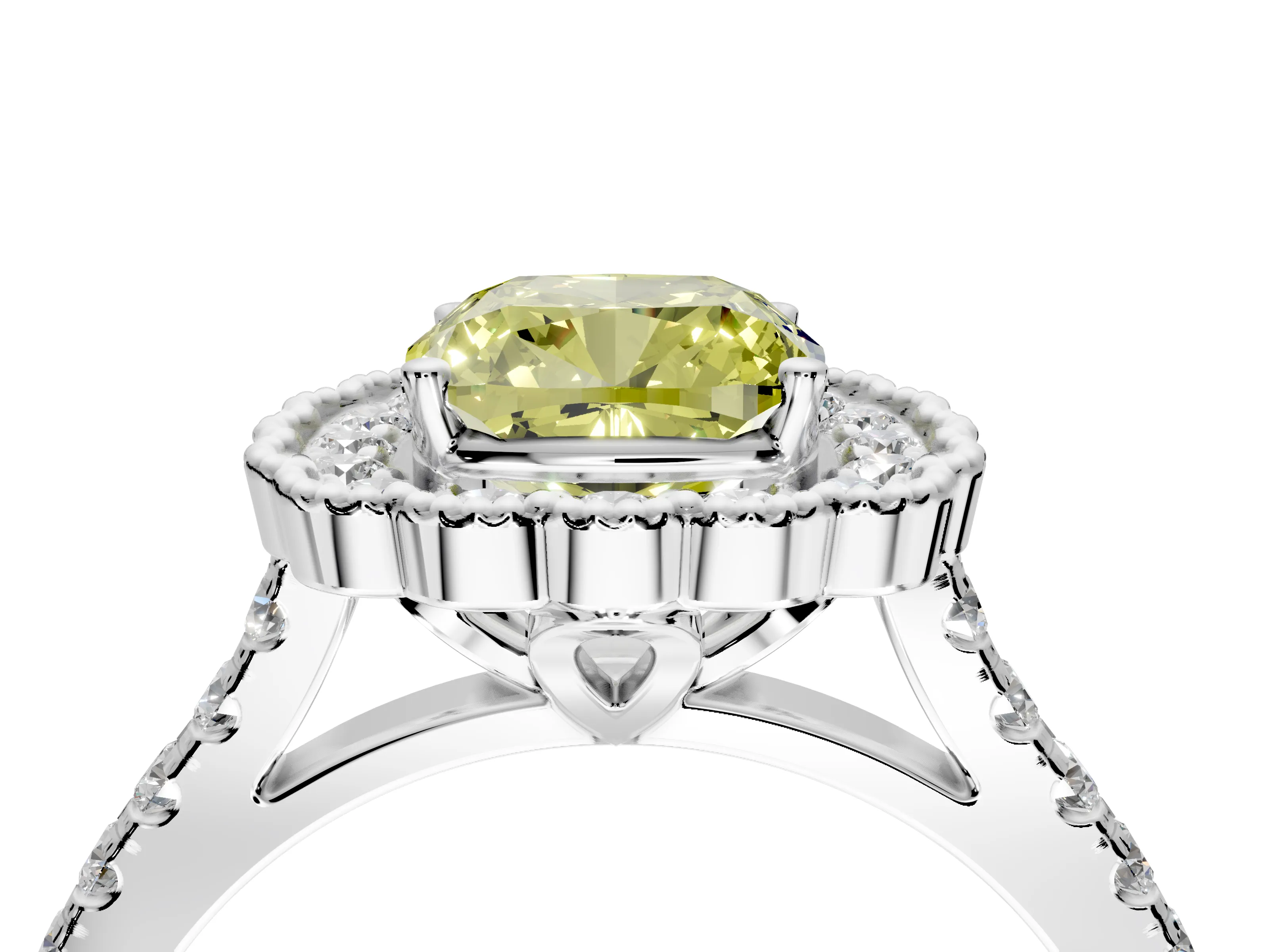 Milgrain Floral Halo Engagement Ring Setting for Fancy Yellow Cushion Cut Center with Pave Band and Prong Head in White Gold