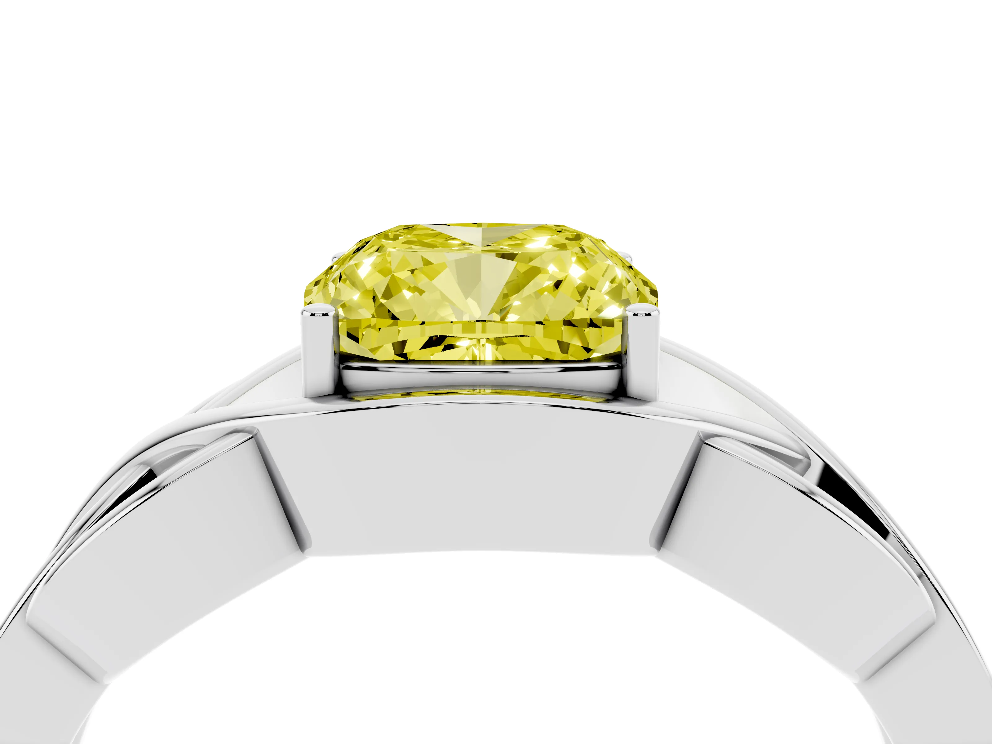 Fancy Yellow Cushion Cut Diamond Solitaire Ring Set in Silver with Intertwined Band