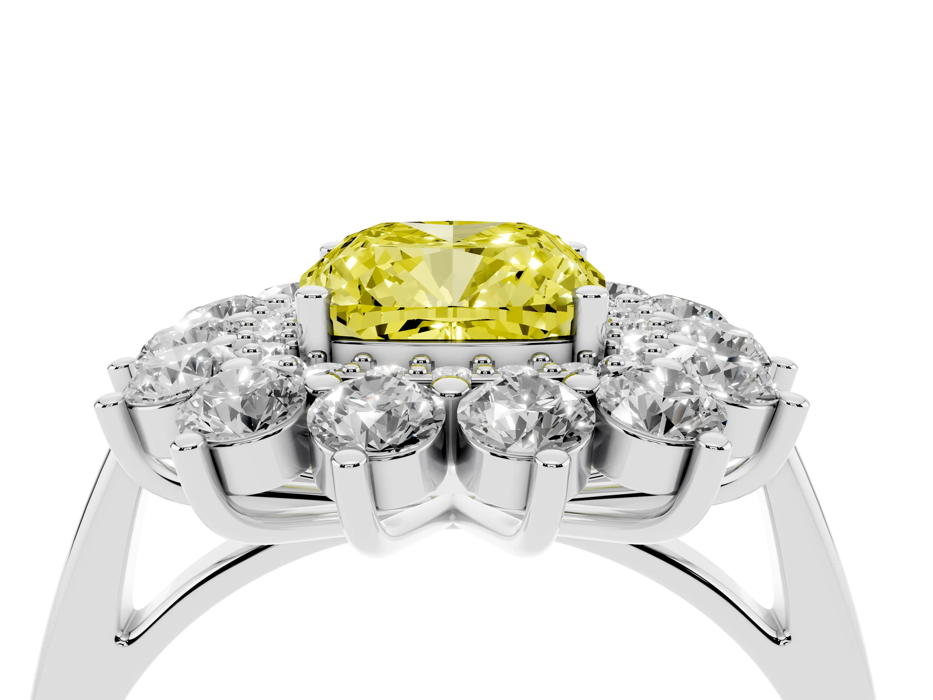 Fancy Yellow Cushion Cut Diamond Floral Double Halo Ring Set in Silver with Round Petals