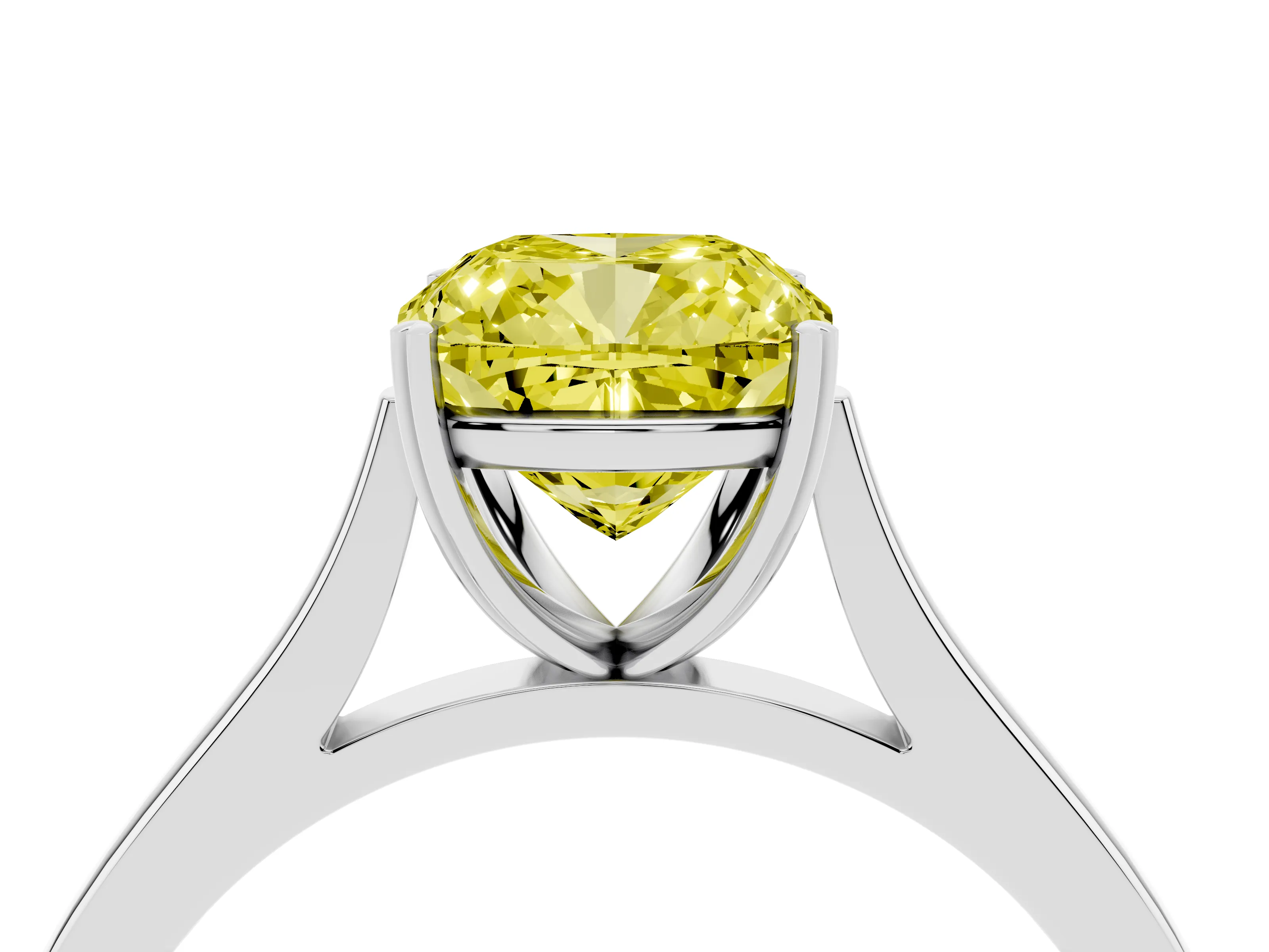 Fancy Yellow Cushion Cut Diamond Solitaire Heart Prong Engagement Ring Set in White gold with Tapered Band
