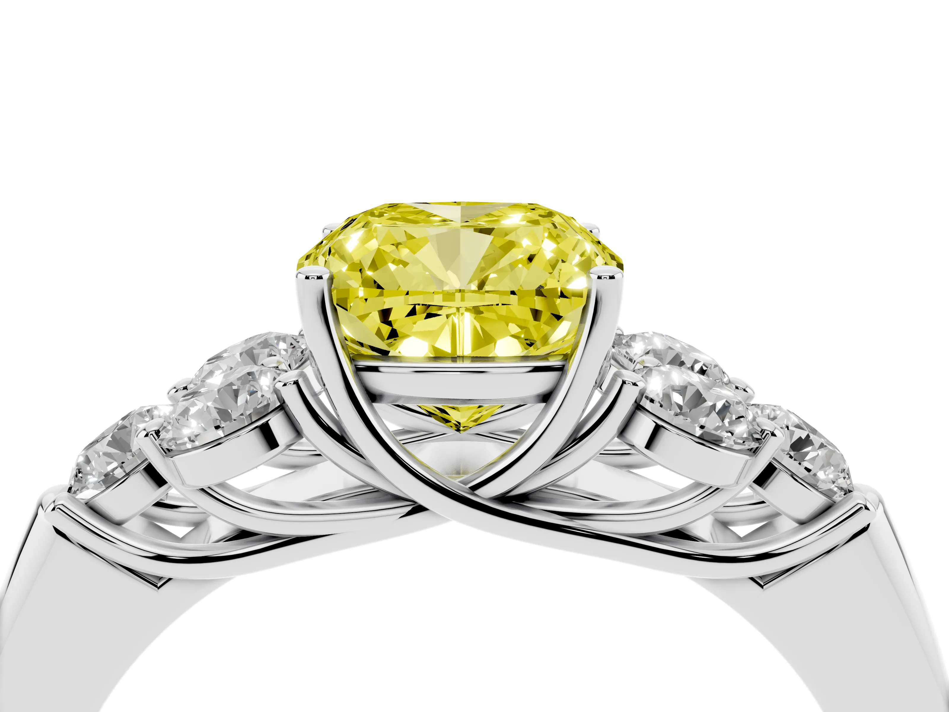 Fancy Yellow Cushion Cut Diamond Cluster Ring Set in White gold with Round Accent Stones and Prong Setting on a Plain Band