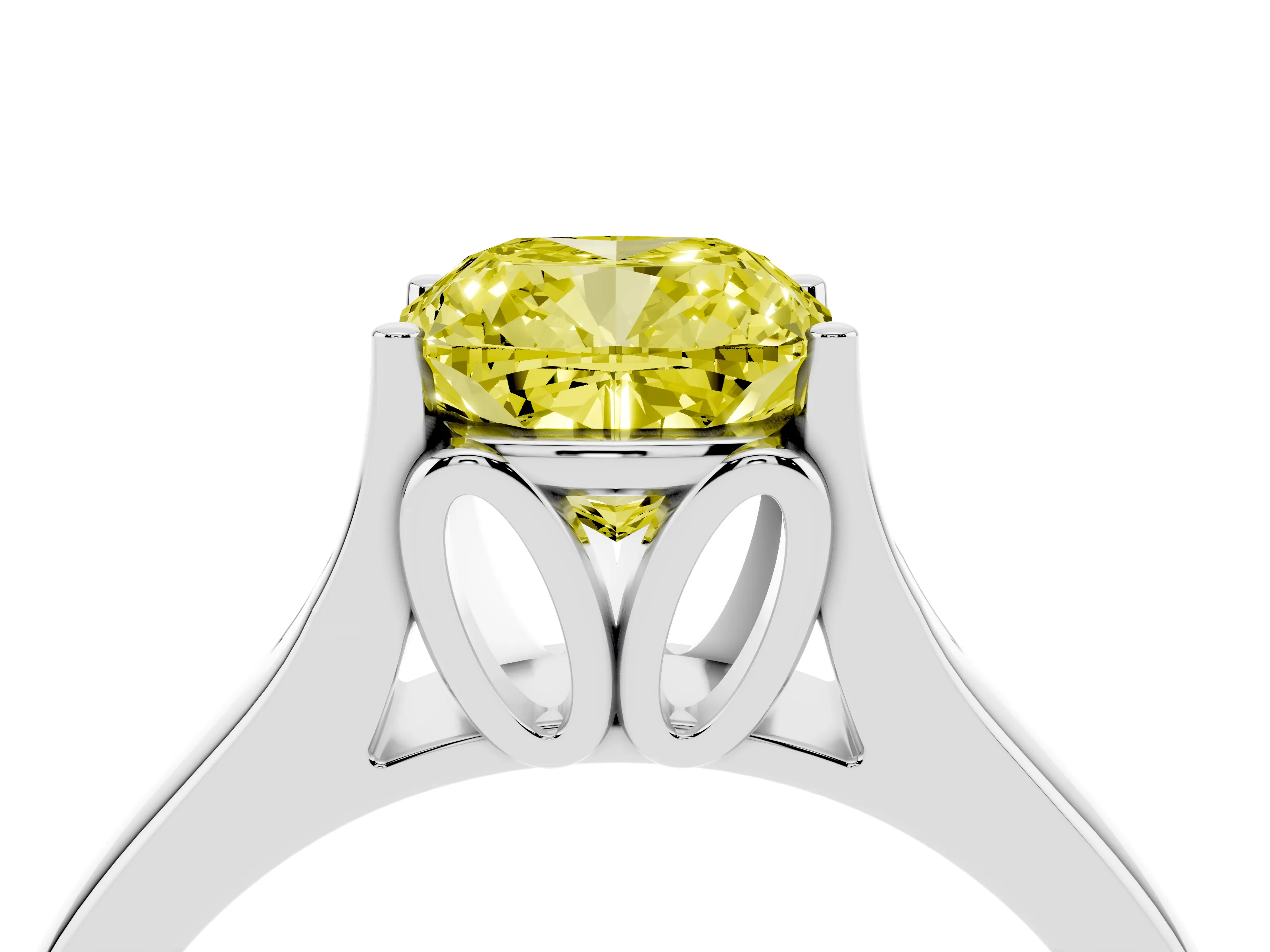 Fancy Yellow Cushion Cut Diamond Solitaire Ring Set in White gold with Arched Cathedral Band and Prong Setting