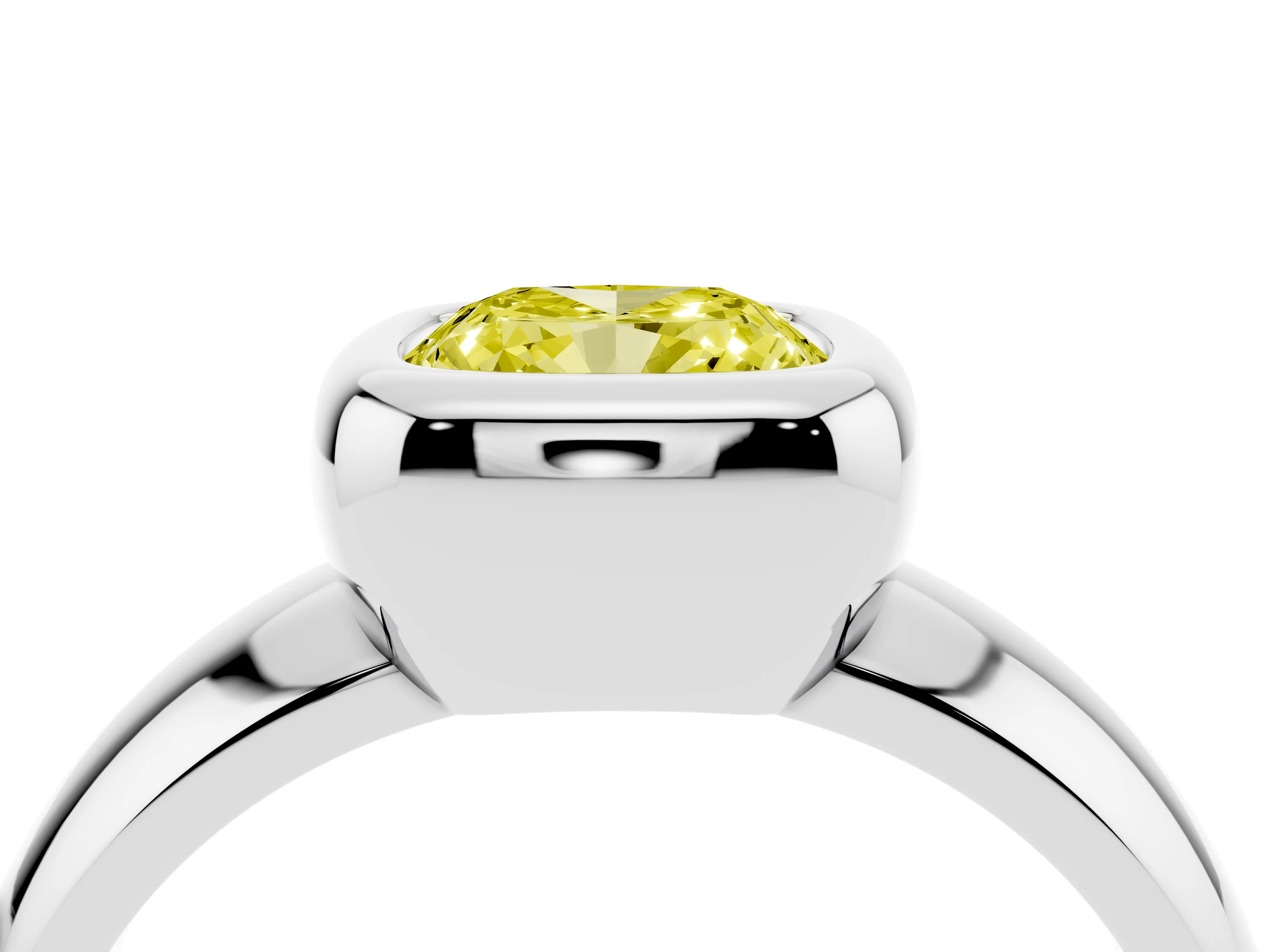Fancy Yellow Bezel Set Cushion Cut Diamond Solitaire Ring Set in White gold with Wide Band
