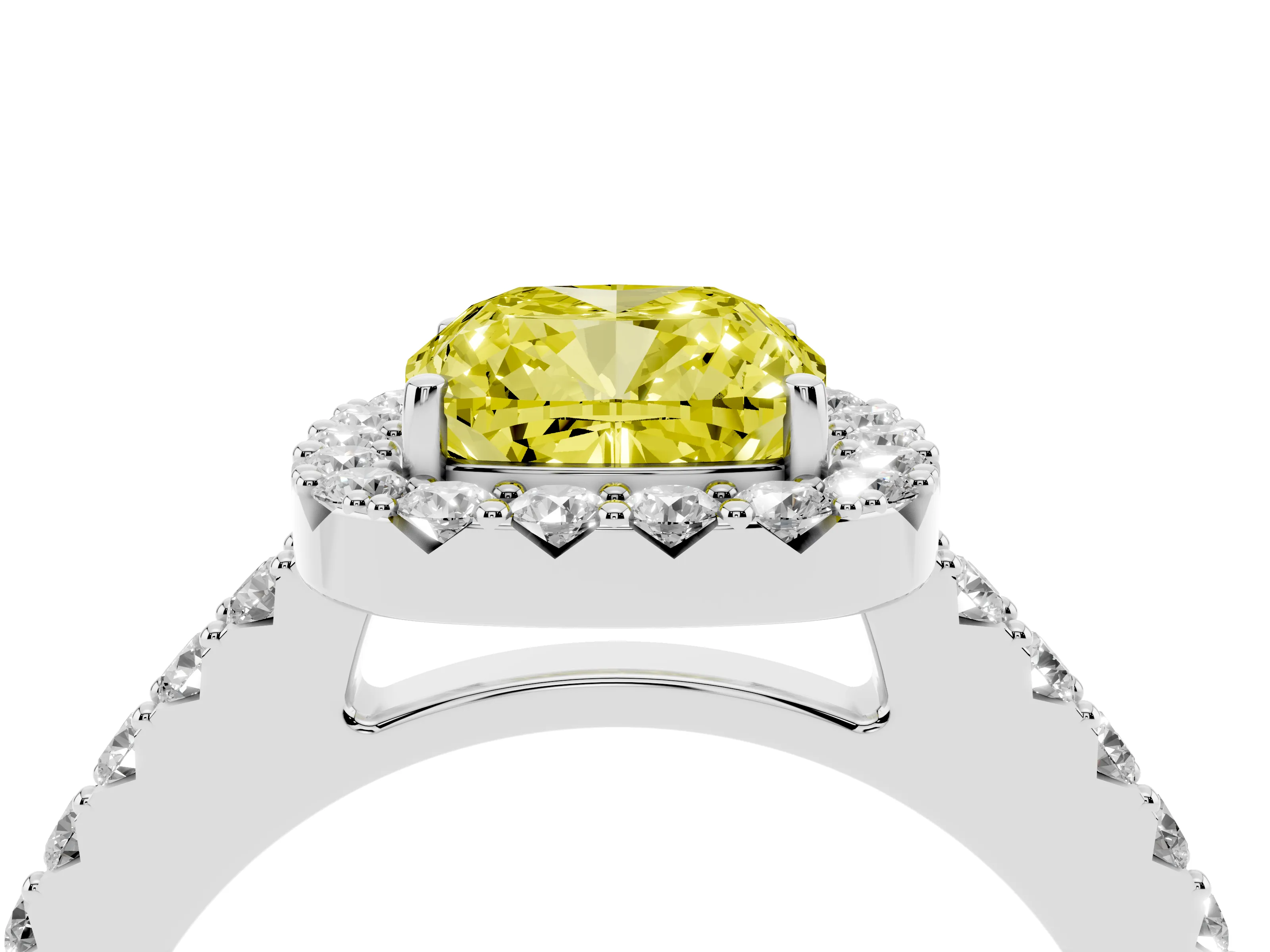 Fancy Yellow Cushion Cut Diamond Halo Pavé Solitaire Ring Set in Silver with Prong-Set Center Stone