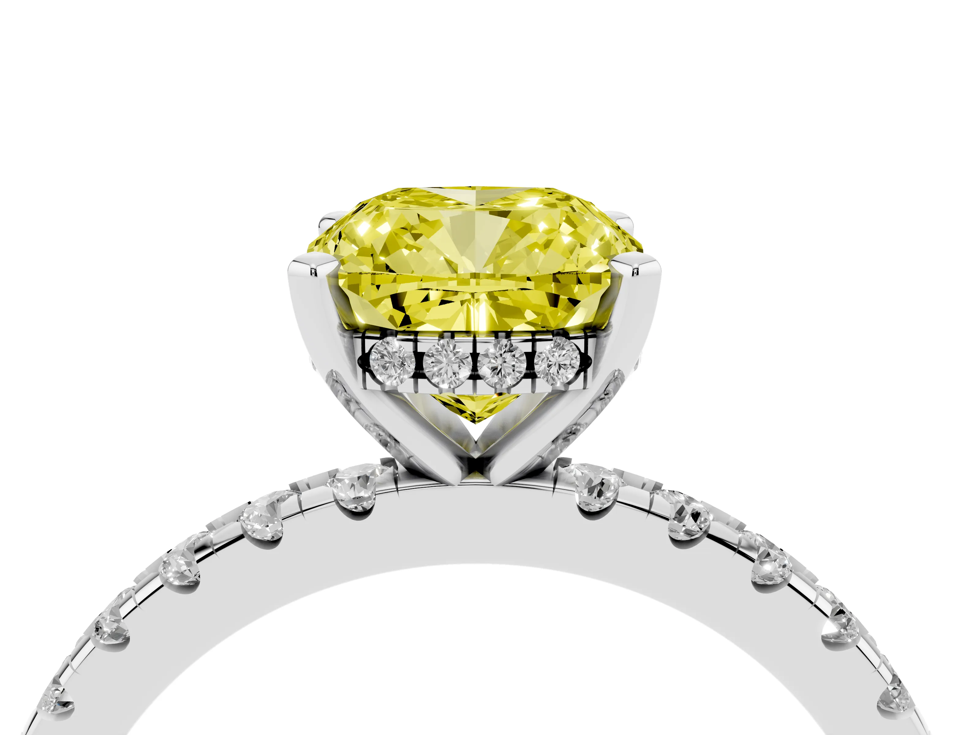 Fancy Yellow Cushion Cut Diamond Pavé Solitaire Ring Set in White gold with Round Band Accents and Prong Setting