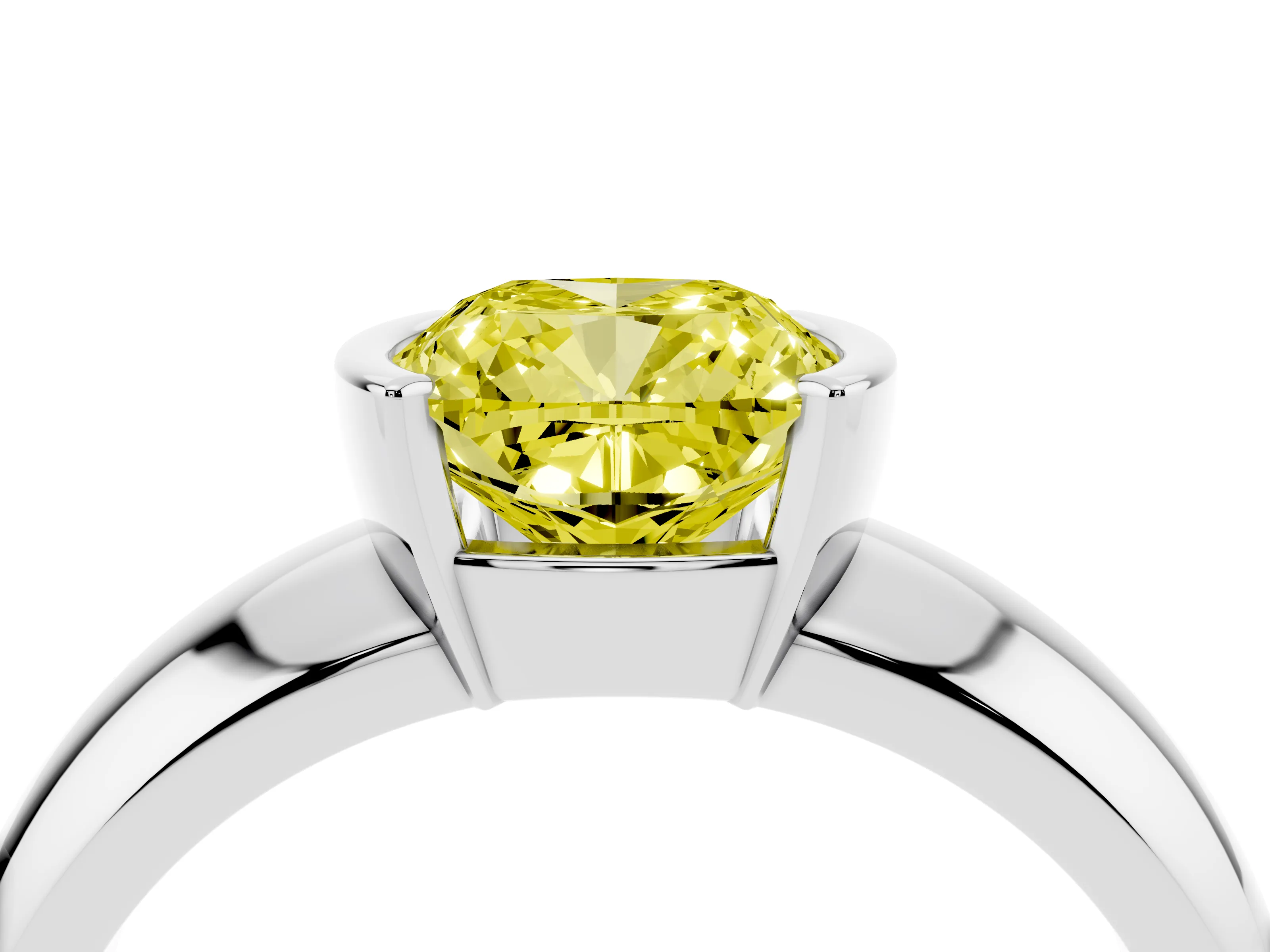Fancy Yellow Cushion Cut Diamond Solitaire Tension Set Ring Set in Silver with Wide Band