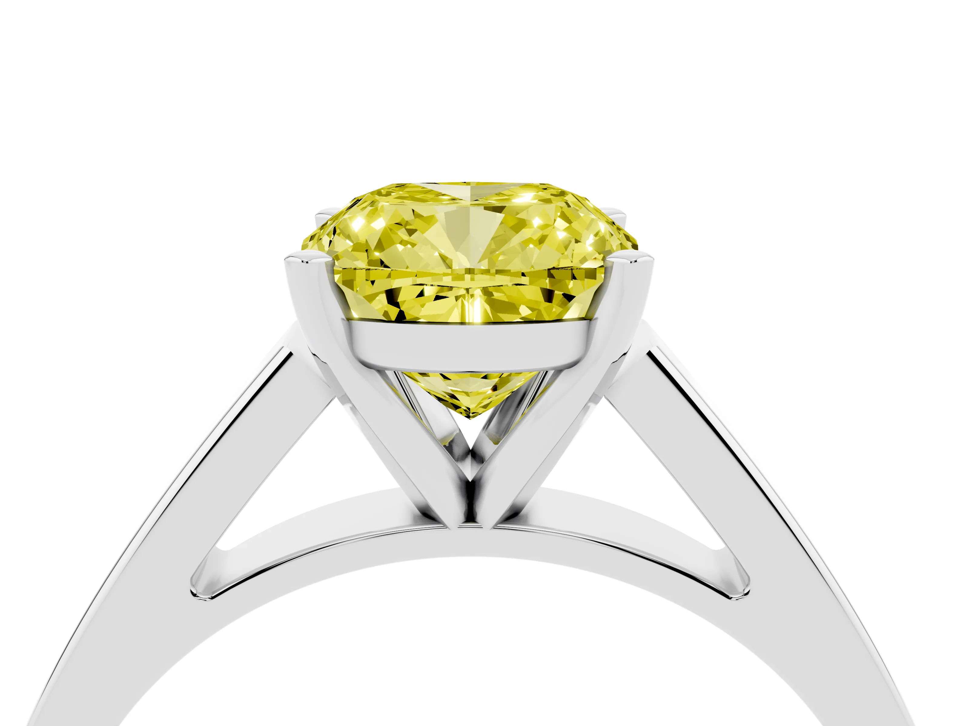 Fancy Yellow Cushion Cut Diamond Solitaire Engagement Ring Set in White gold with Prong Setting and Tapered Band