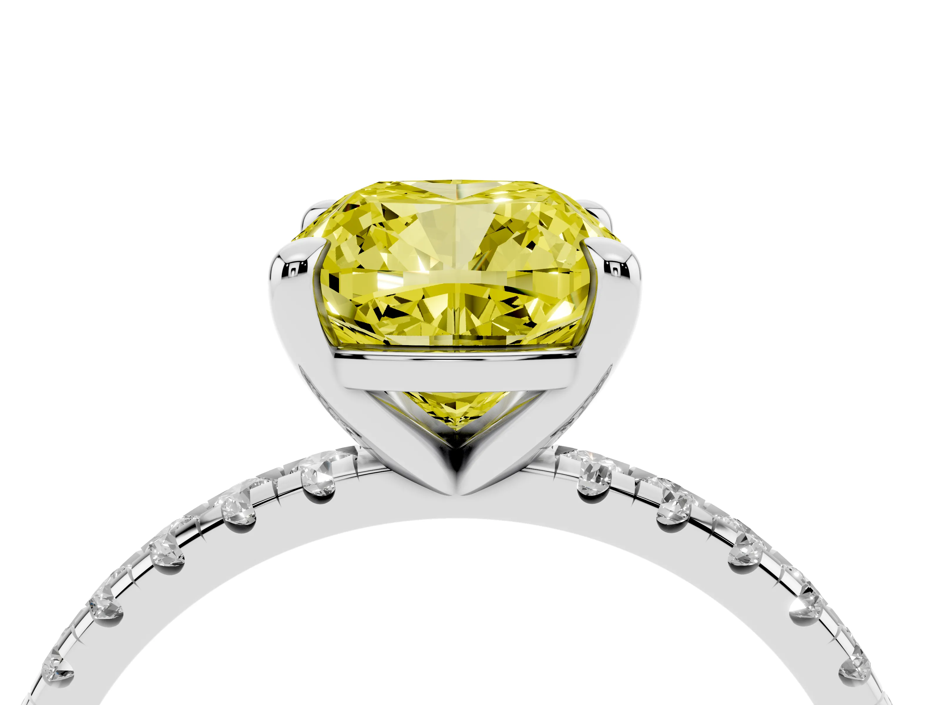 Fancy Yellow Cushion Cut Diamond Brilliant Solitaire Ring Set in Platinum with Pavé Band and Prong Setting