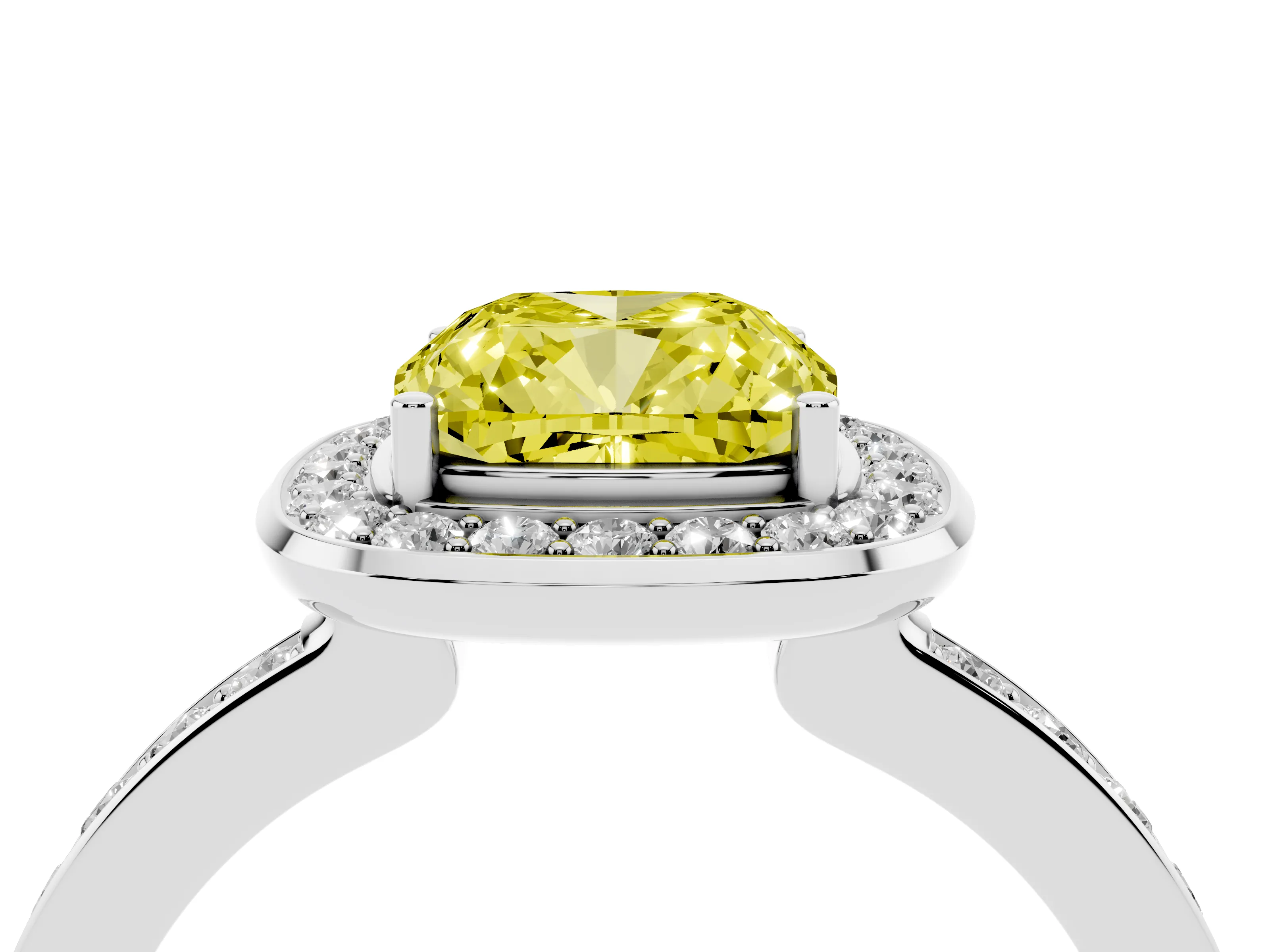 Fancy Yellow Cushion Cut Diamond Halo Ring Set in White gold with Bezel Frame and Pavé Band