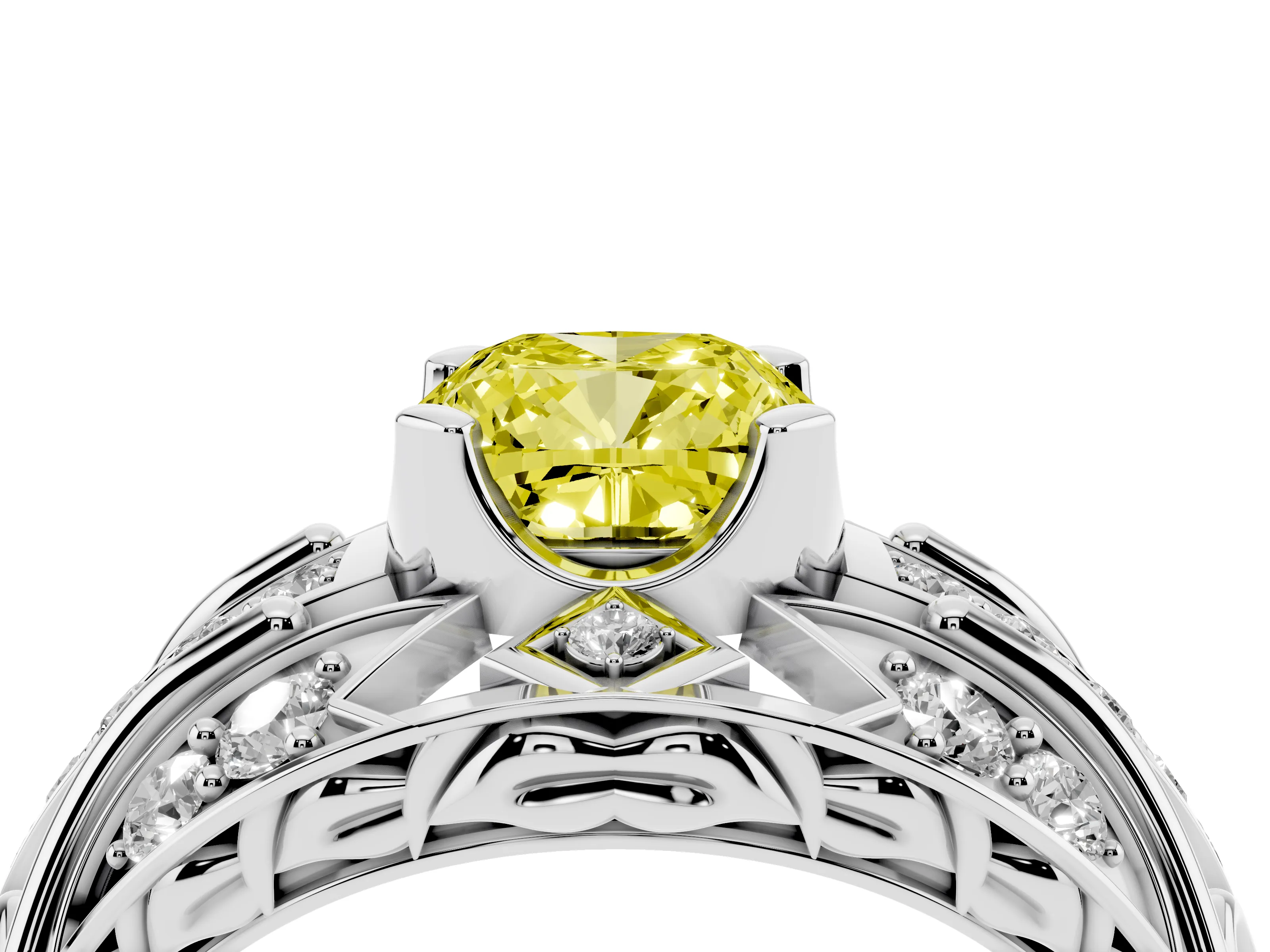 Fancy Yellow Cushion Cut Diamond Art Deco Ring Set in Platinum with Pavé Split Shank