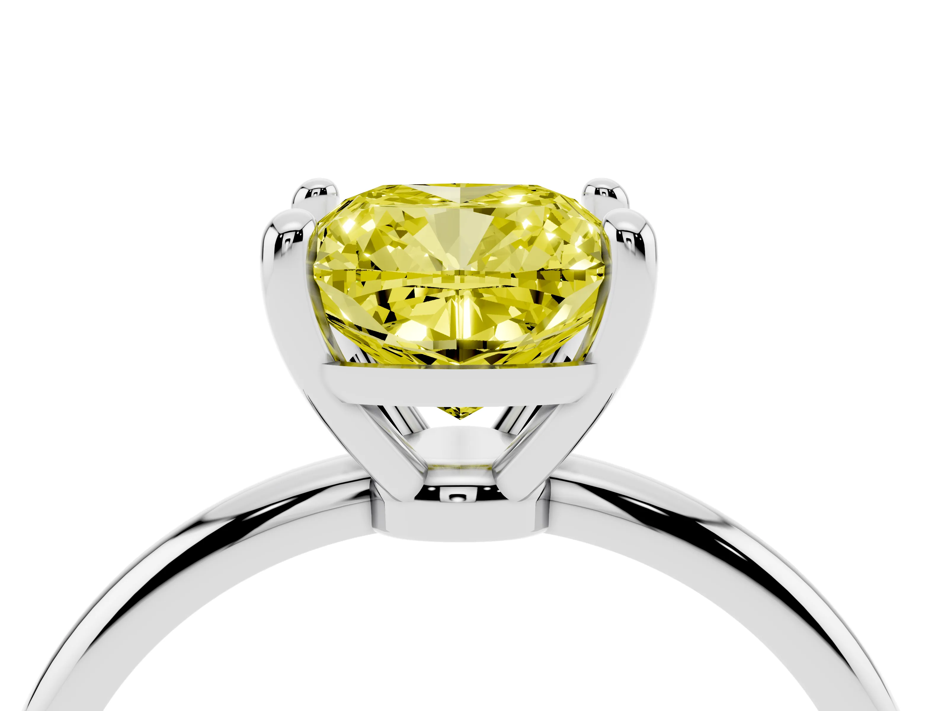 Fancy Yellow Cushion Cut Diamond Solitaire Ring Set in Platinum with Secure Prong Setting on a Classic Band