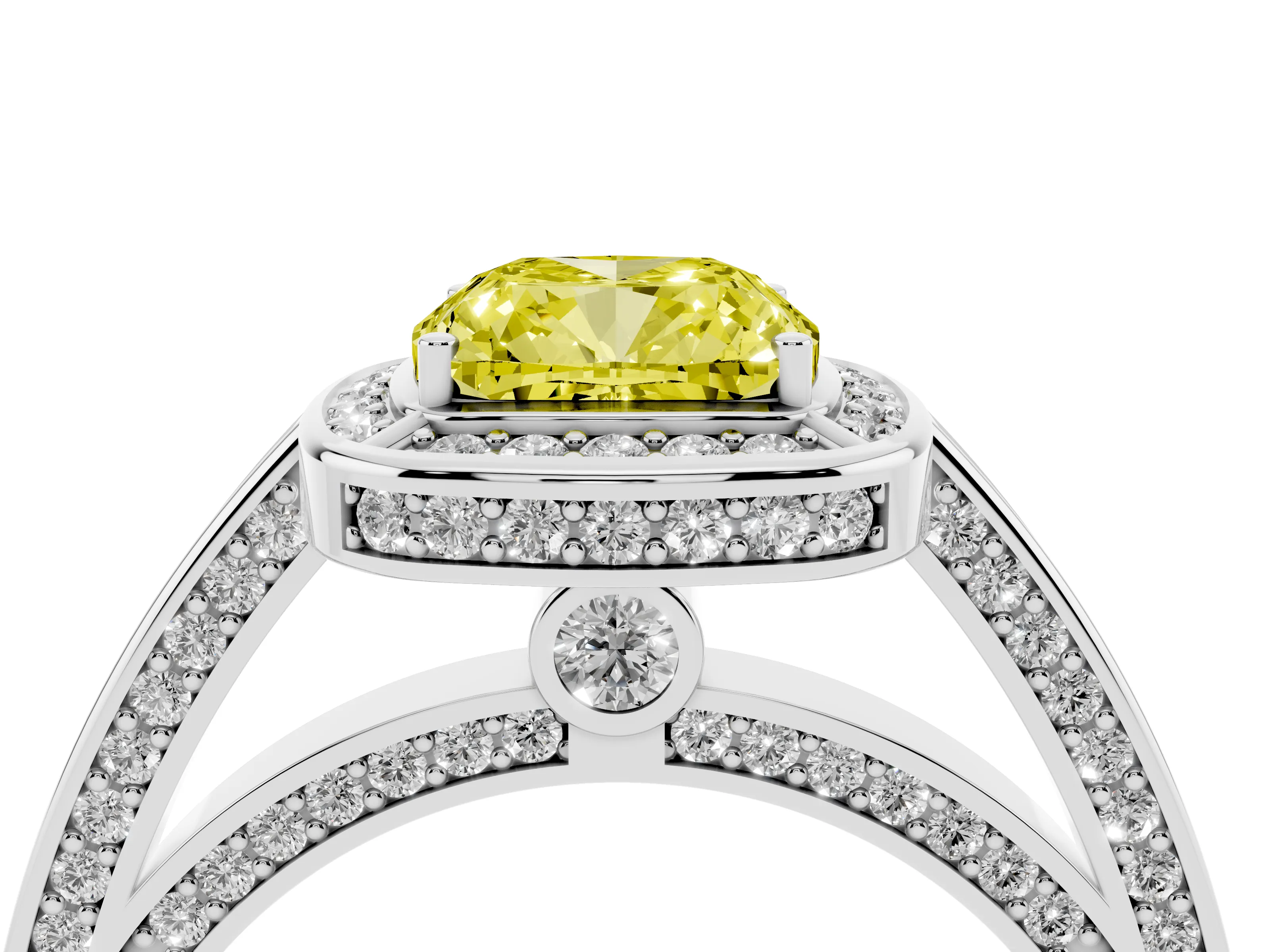 Fancy Yellow Cushion Cut Diamond Halo Pavé Split Shank Ring Set in Silver with Prong Setting