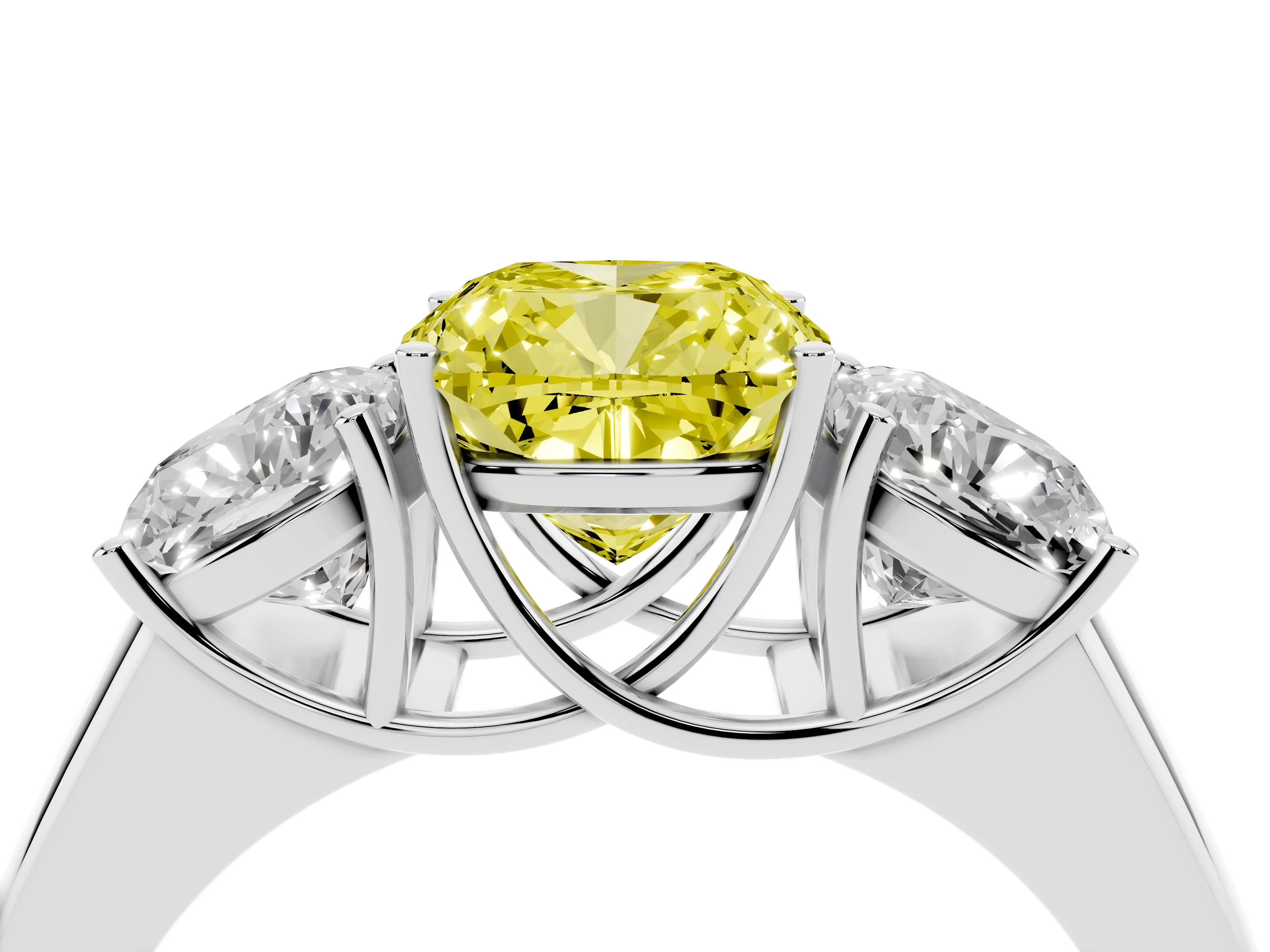 Fancy Yellow Three-Stone Cushion Cut Diamond Ring Set in Silver with Matching Prong Settings and Plain Band