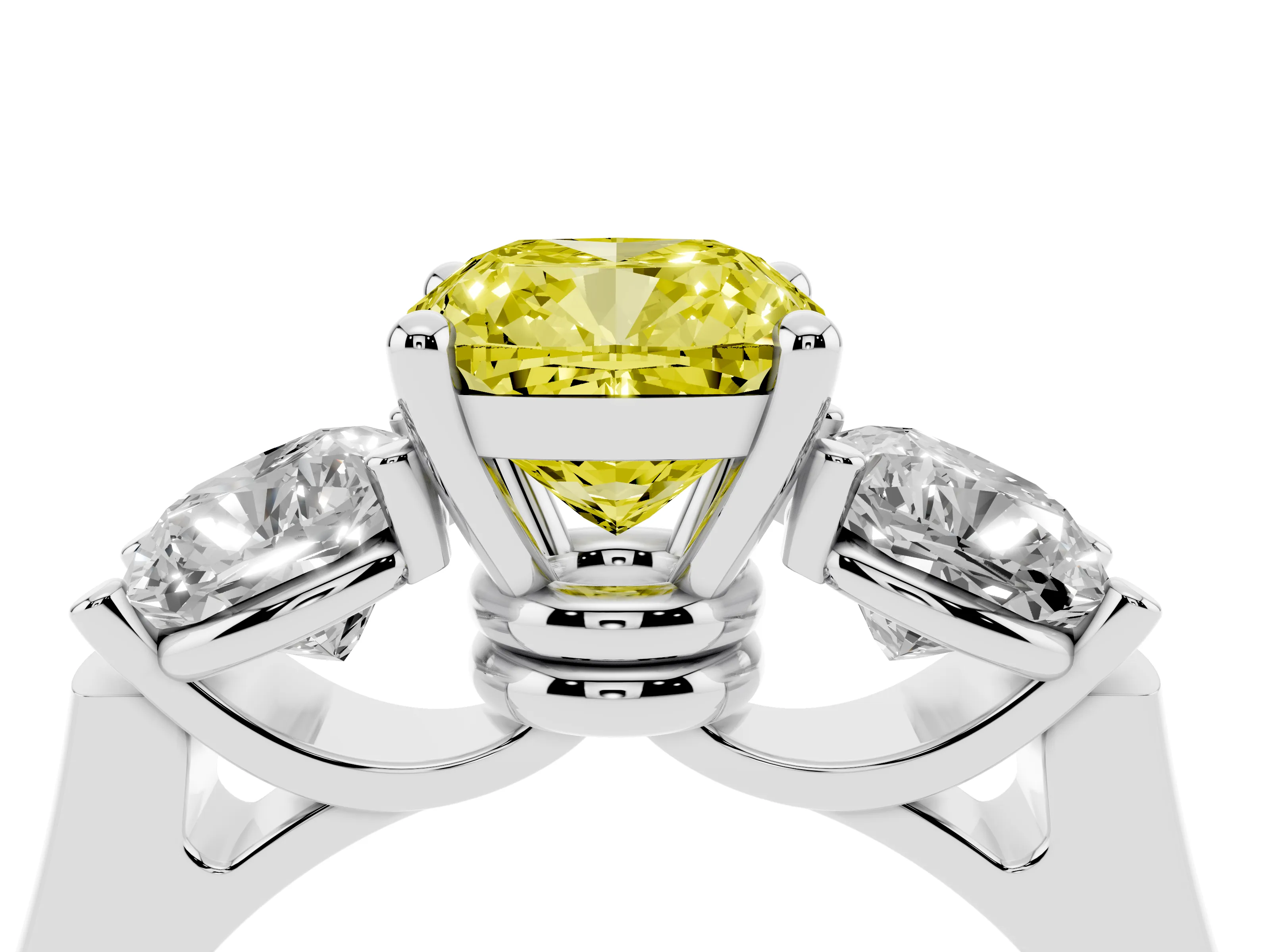 Fancy Yellow Cushion Cut Diamond Three-Stone Trellis Ring Set in Platinum with Comfort Fit Band