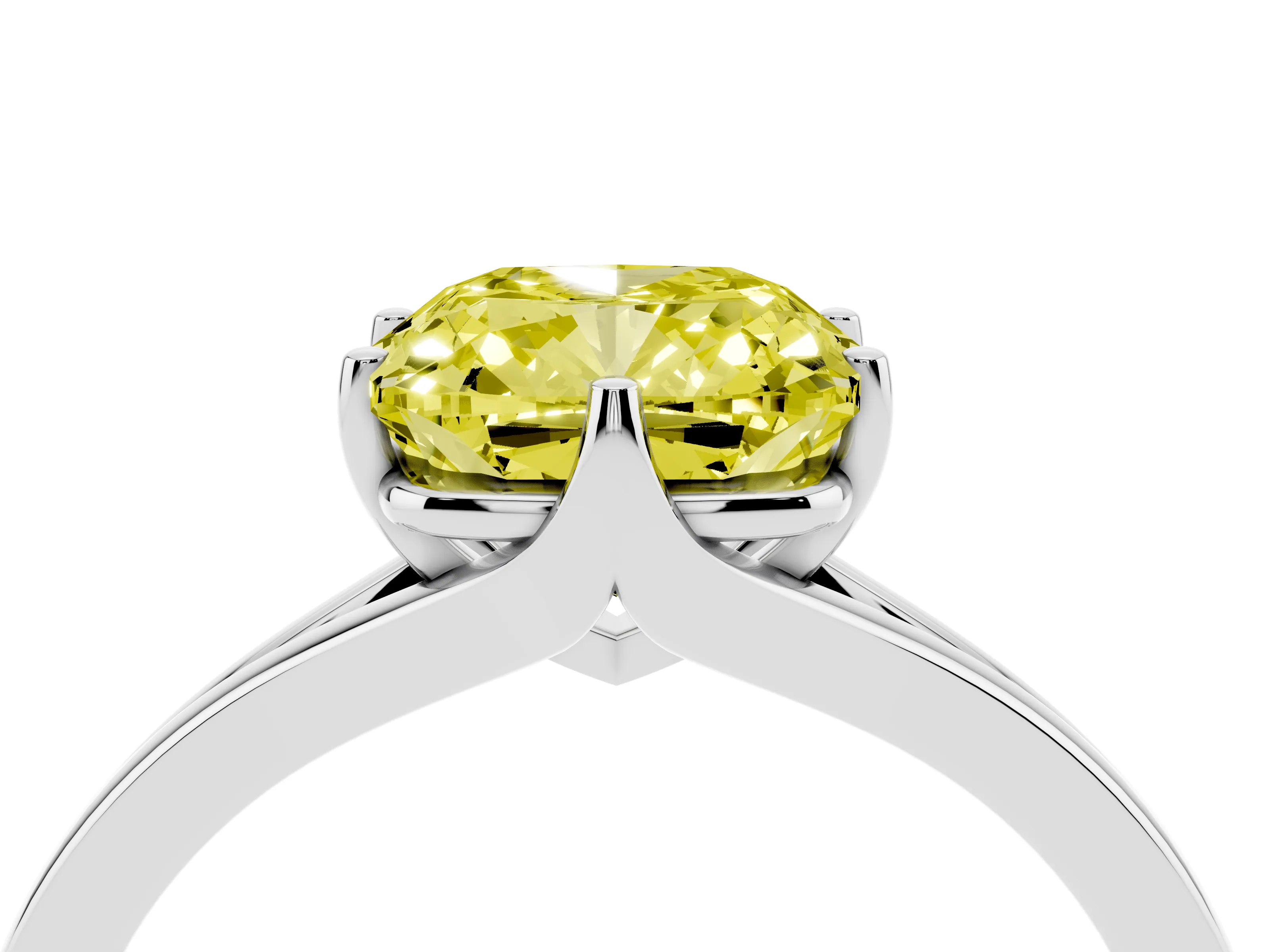 Fancy Yellow Cushion Cut Diamond Solitaire Ring Set in White gold with Polished Tapered Band and Prong Setting