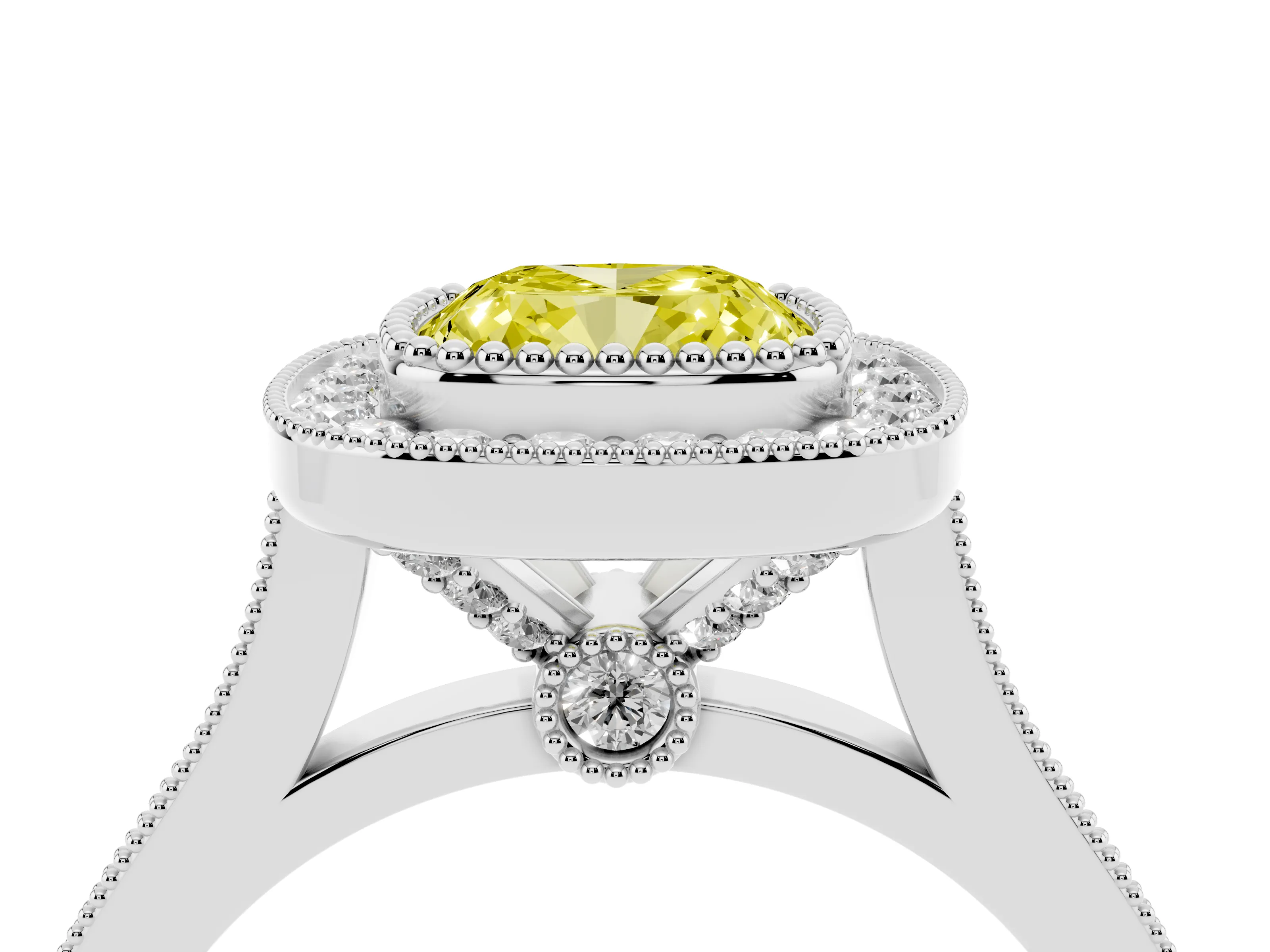 Fancy Yellow Cushion Cut Diamond Halo Ring Set in White gold with Milgrain Frame and Pavé Band
