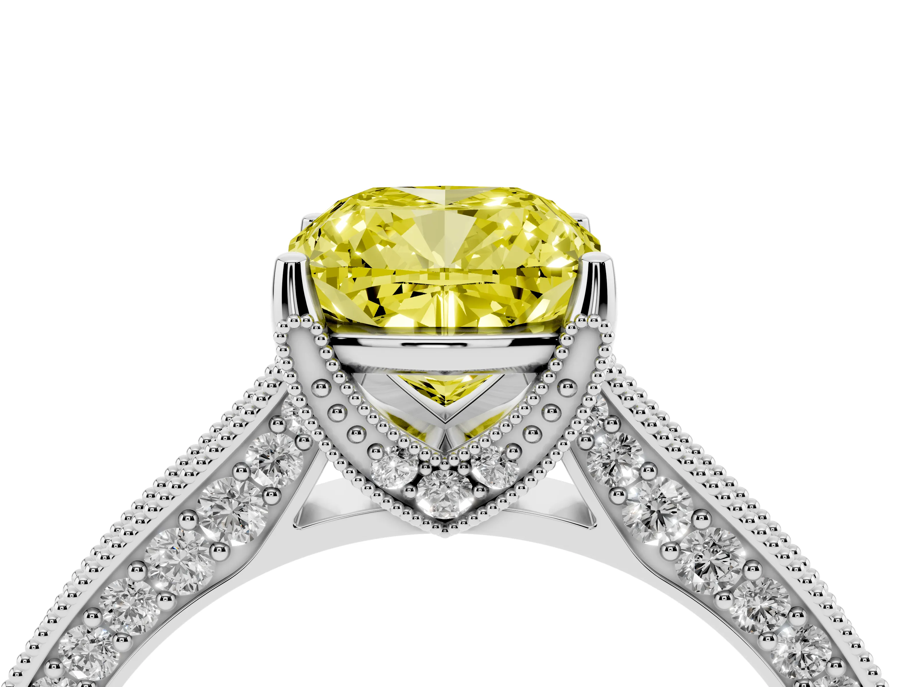 Fancy Yellow Cushion Cut Diamond Solitaire Ring Set in Silver with Milgrain-Edged Pavé Band and Prong Setting