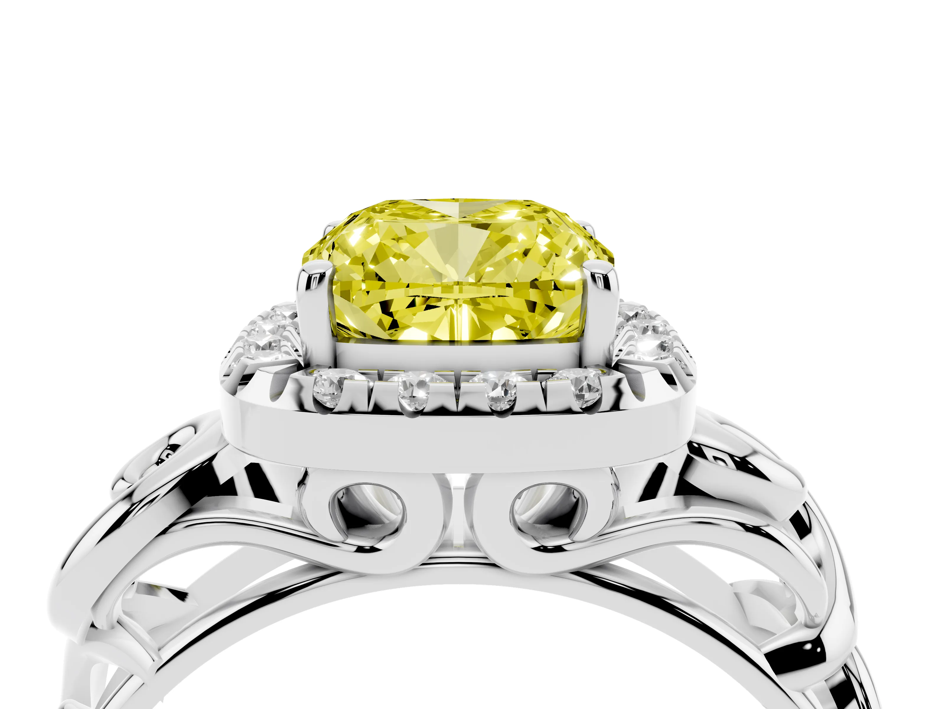 Fancy Yellow Cushion Cut Diamond Halo Ring Set in Platinum with Scrollwork Band and Prong Setting