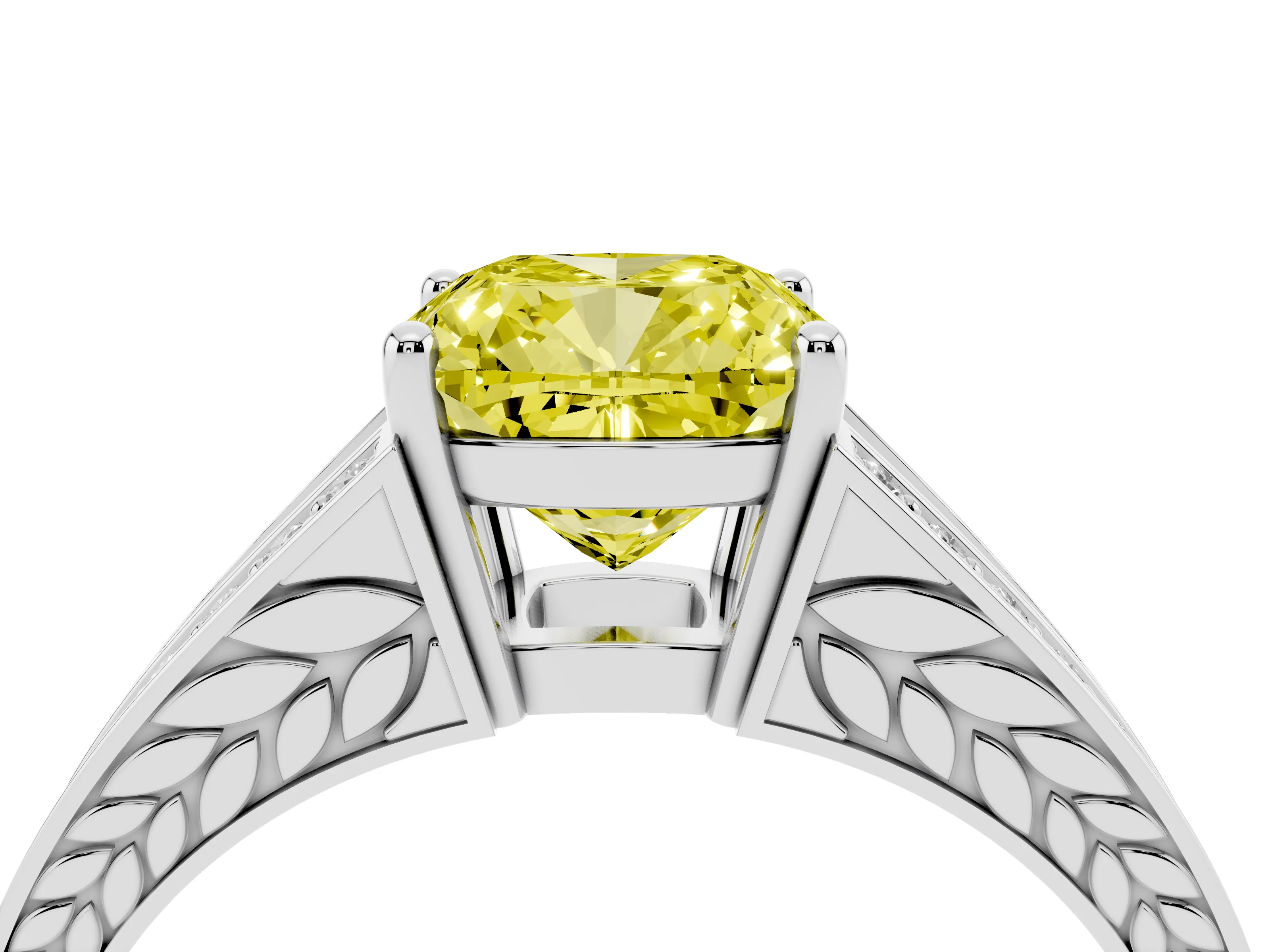 Fancy Yellow Cushion Cut Diamond Split Shank Ring Set in Platinum with Pavé Band and Prong Setting