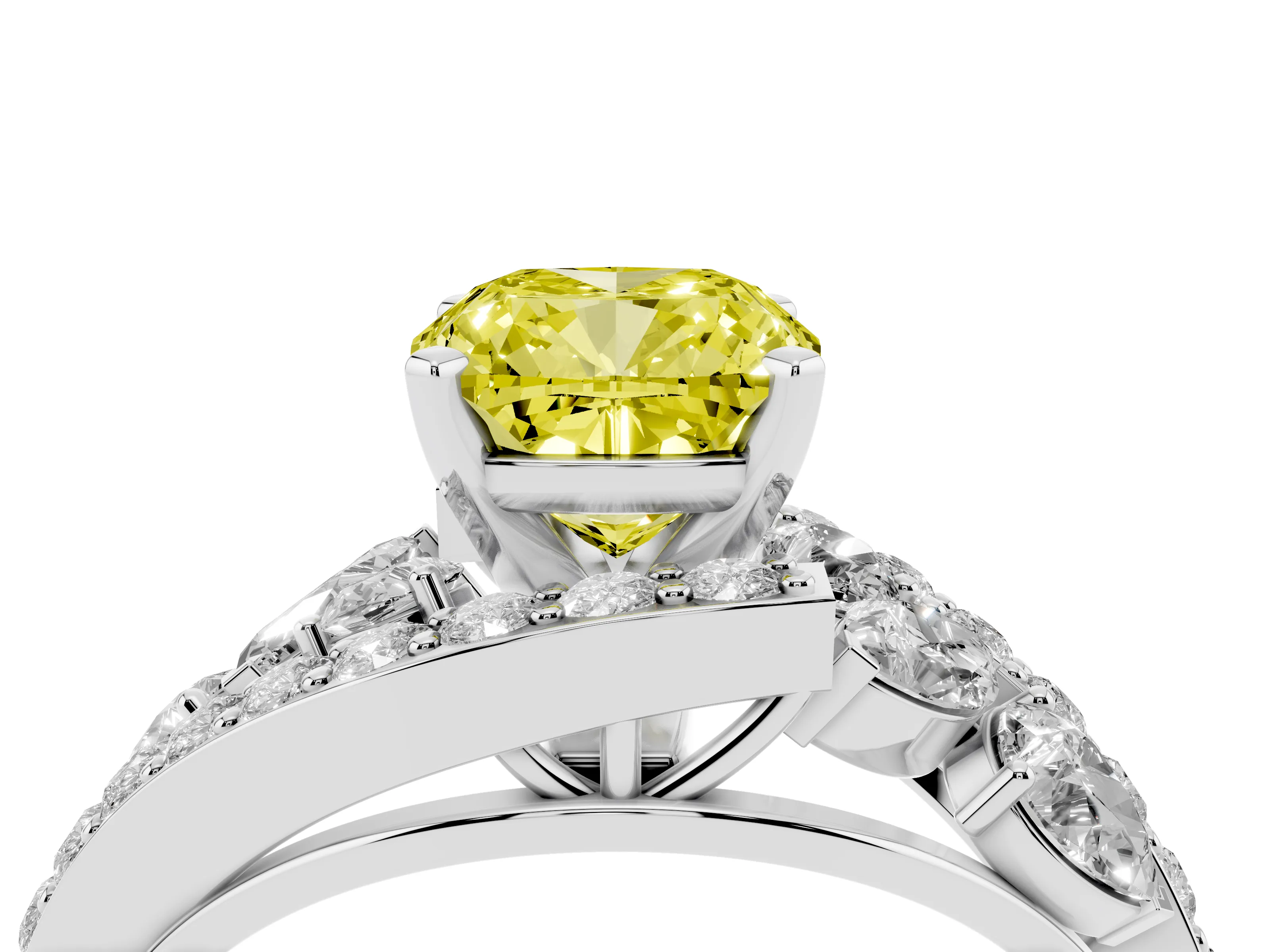 Fancy Yellow Cushion Cut Diamond Halo Ring Set in Silver with Marquise and Pavé Band in Prong Setting