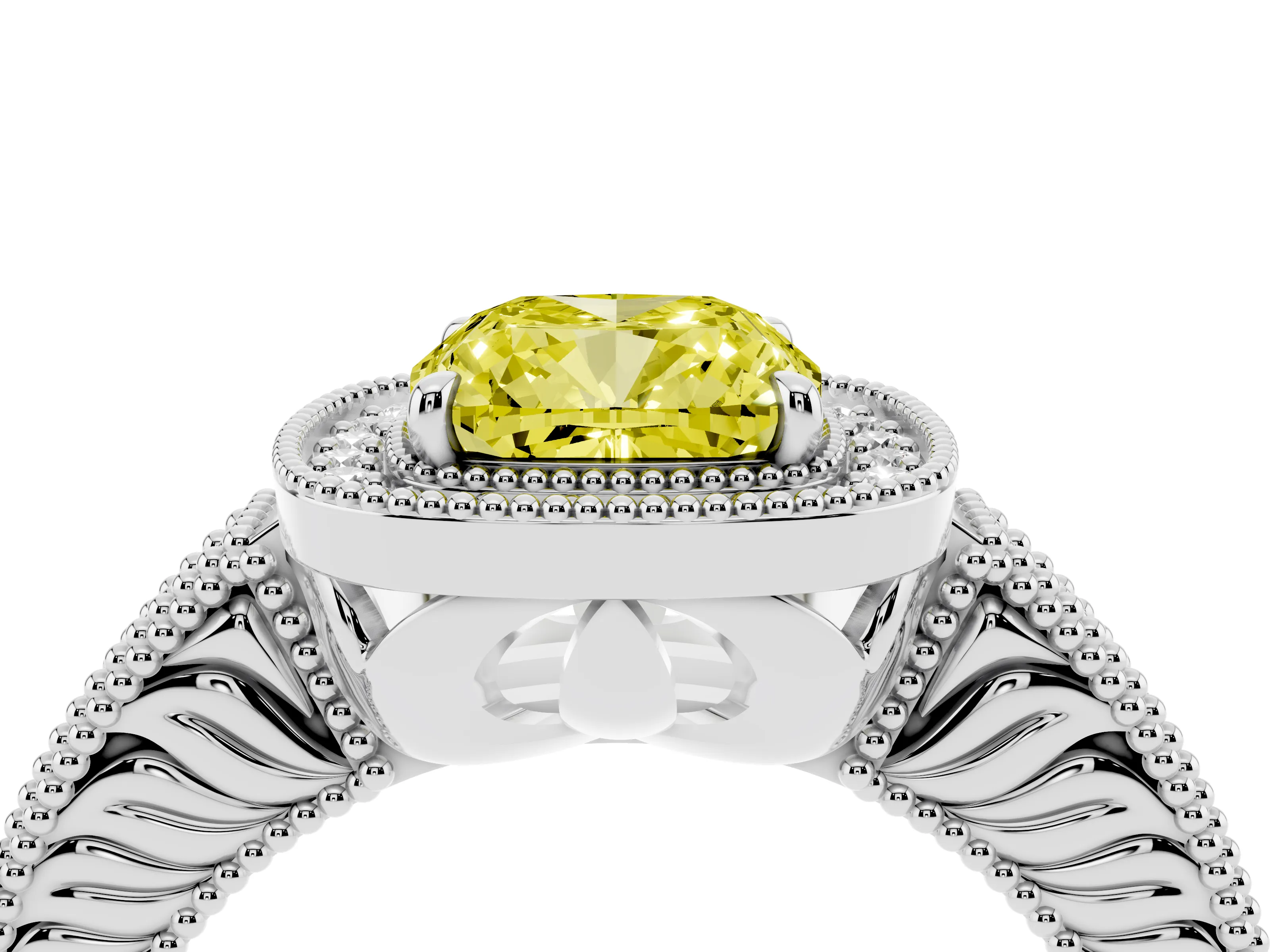 Fancy Yellow Cushion Cut Diamond Halo Ring Set in White gold with Round Accent Halo, Pavé Band and Prong Setting